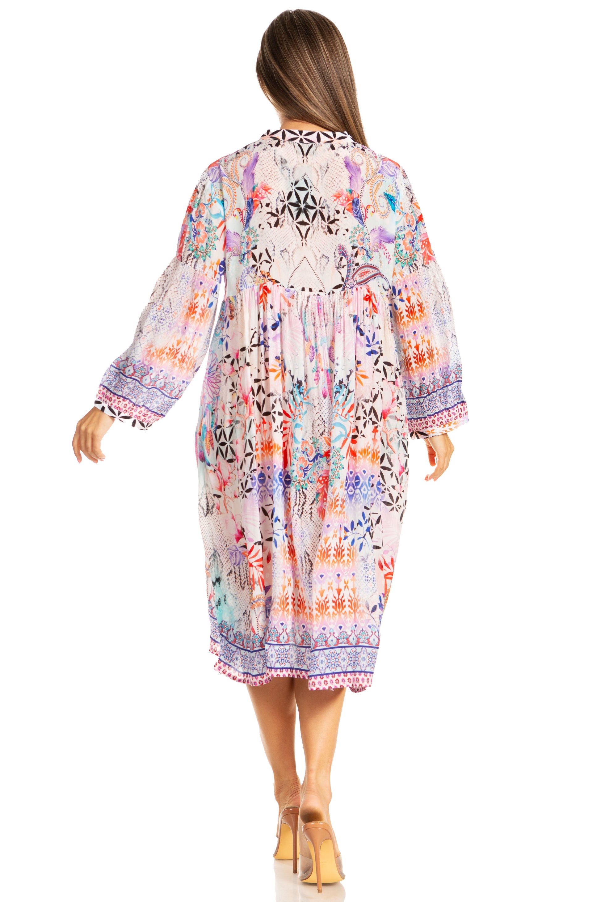 Sakkas Womens 3/4 Puff Sleeves Split Neck Summer Short Flowy Swing Dress/Cover-up - Concordia Style Boutique