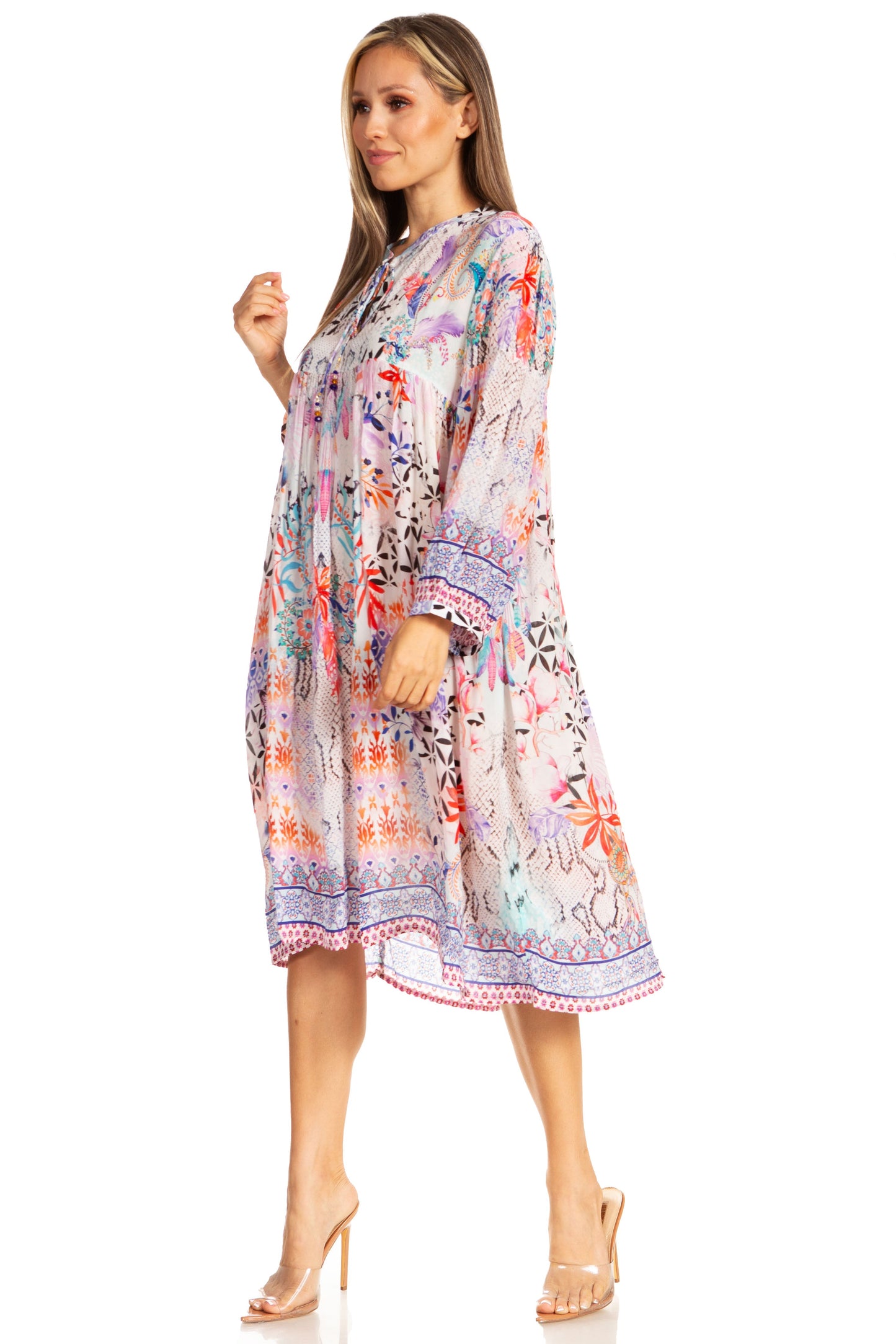 Sakkas Womens 3/4 Puff Sleeves Split Neck Summer Short Flowy Swing Dress/Cover-up - Concordia Style Boutique