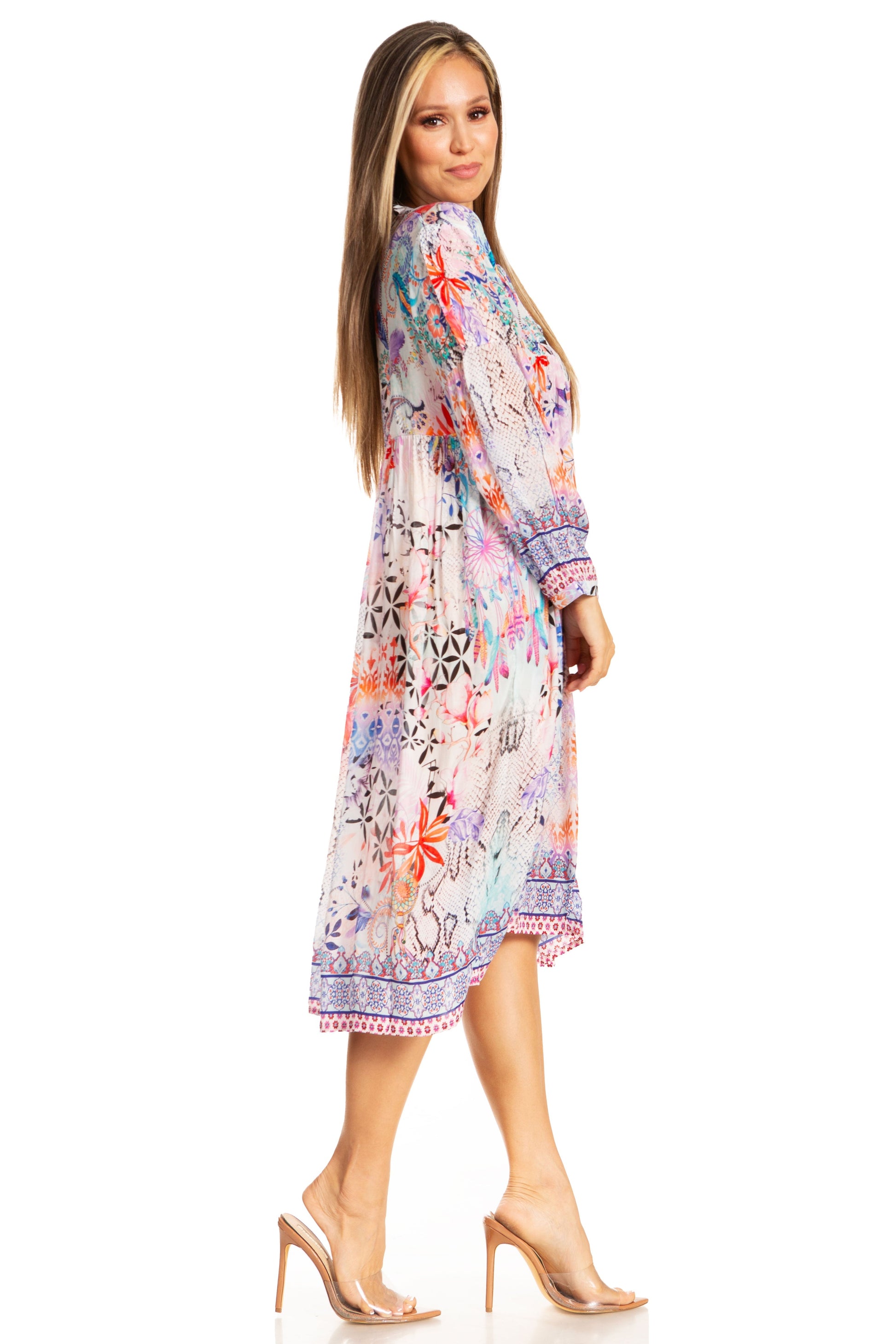 Sakkas Womens 3/4 Puff Sleeves Split Neck Summer Short Flowy Swing Dress/Cover-up - Concordia Style Boutique