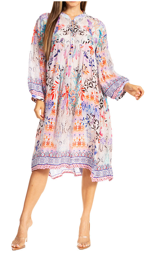 Sakkas Womens 3/4 Puff Sleeves Split Neck Summer Short Flowy Swing Dress/Cover-up - Concordia Style Boutique
