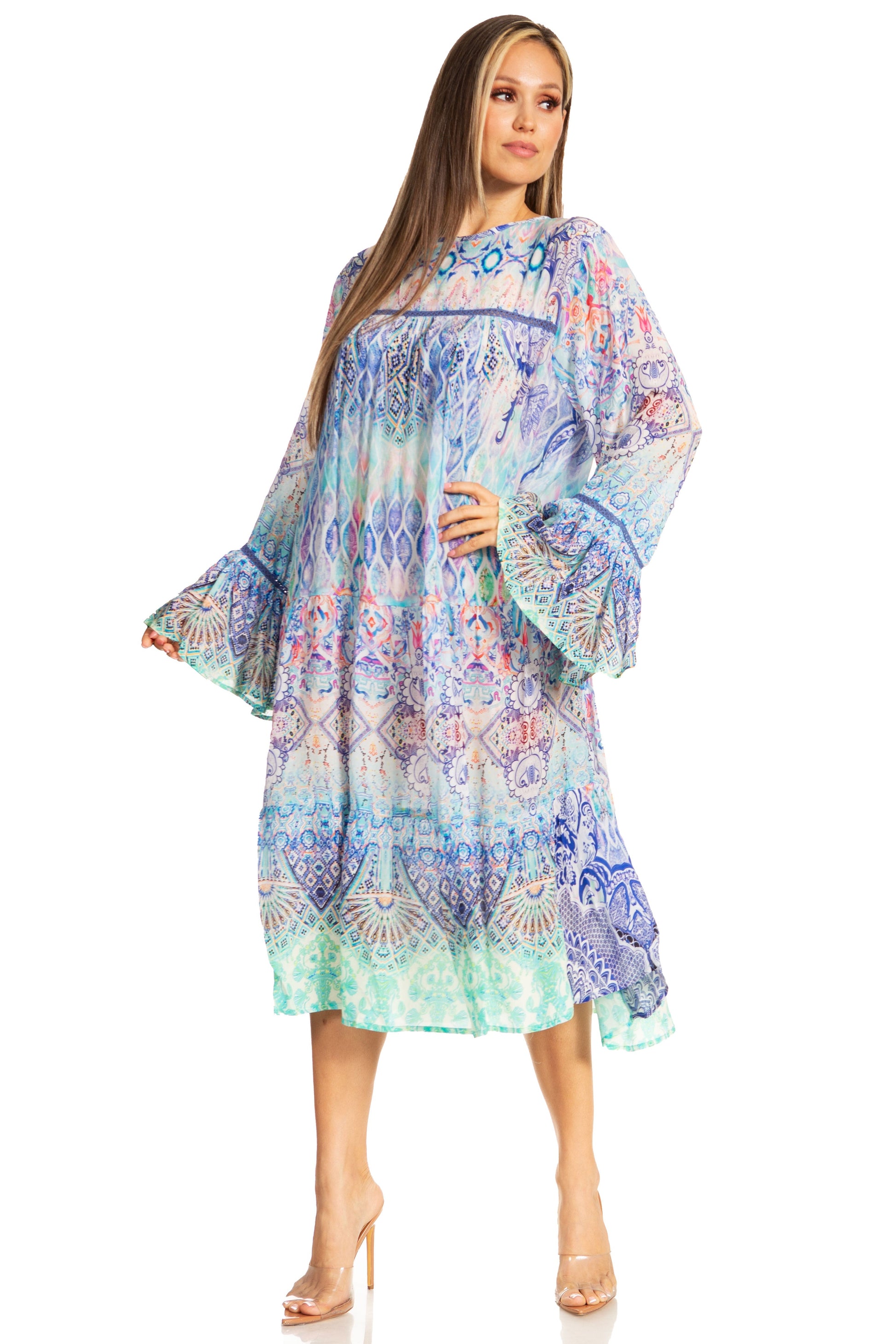 Sakkas Womens Ruffled Sleeves Scoop Neck Summer Short Tiered Dress/Loungewear - Concordia Style Boutique