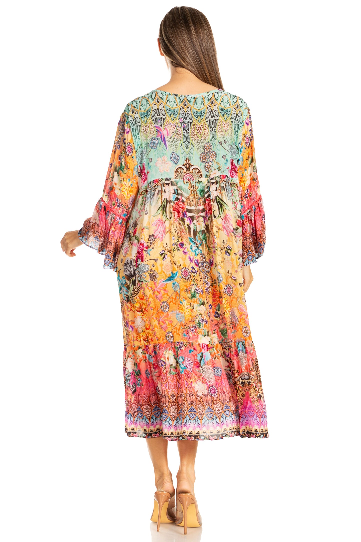 Sakkas Womens 3/4 Ruffled Sleeves Henley Neck Summer Short Flowy Dress/Beachwear - Concordia Style Boutique