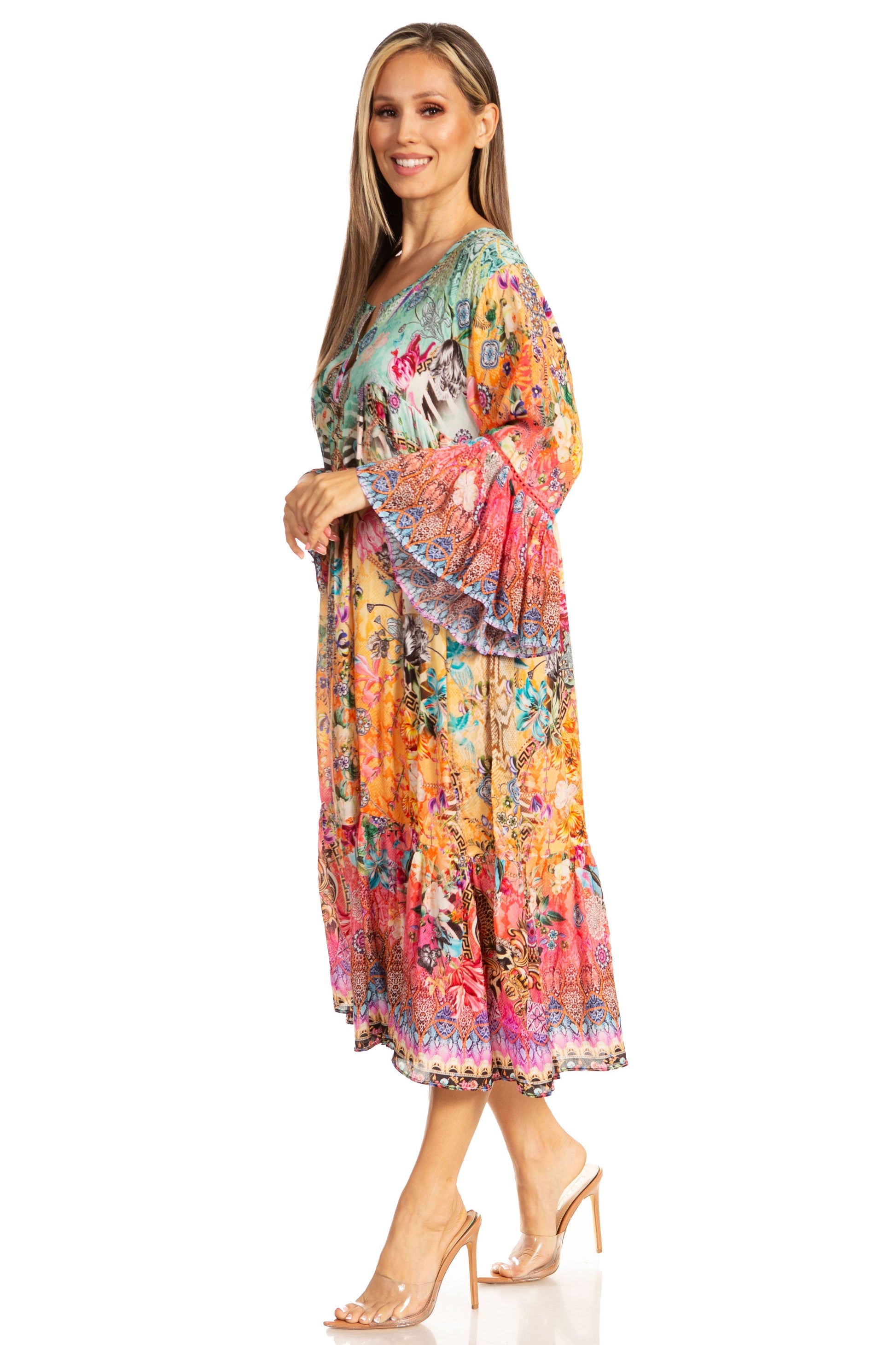 Sakkas Womens 3/4 Ruffled Sleeves Henley Neck Summer Short Flowy Dress/Beachwear - Concordia Style Boutique