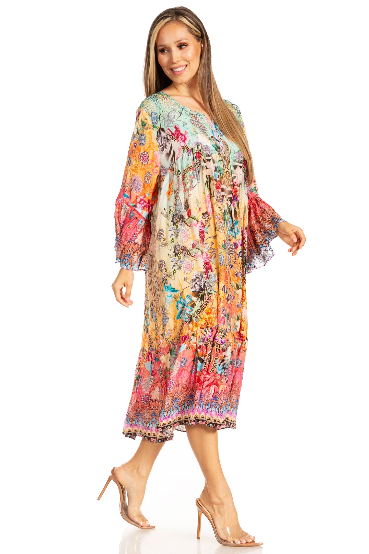 Sakkas Womens 3/4 Ruffled Sleeves Henley Neck Summer Short Flowy Dress/Beachwear - Concordia Style Boutique