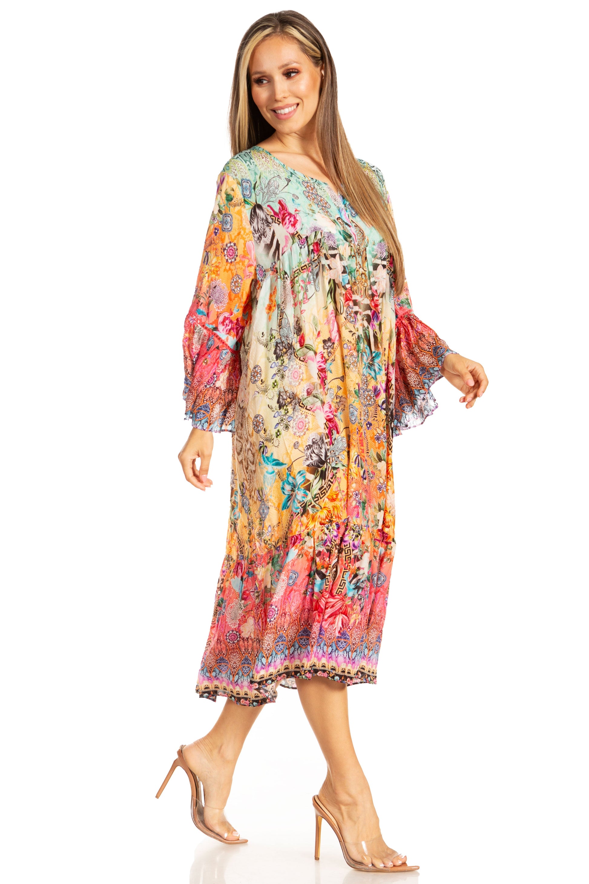 Sakkas Womens 3/4 Ruffled Sleeves Henley Neck Summer Short Flowy Dress/Beachwear - Concordia Style Boutique
