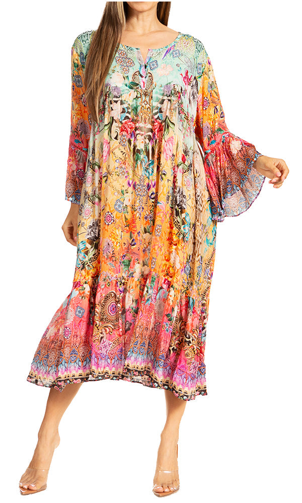 Sakkas Womens 3/4 Ruffled Sleeves Henley Neck Summer Short Flowy Dress/Beachwear - Concordia Style Boutique