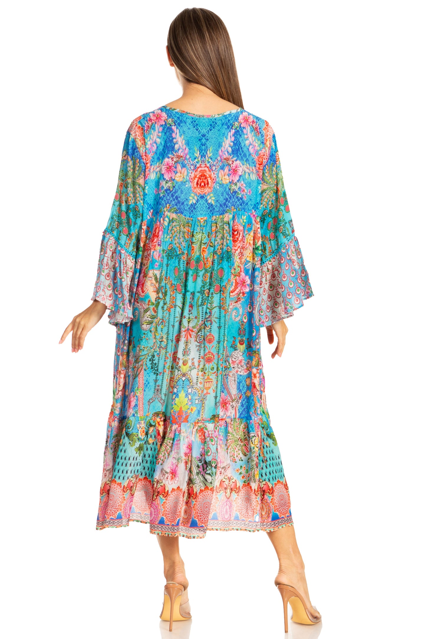 Sakkas Womens 3/4 Ruffled Sleeves Henley Neck Summer Short Flowy Dress/Beachwear - Concordia Style Boutique