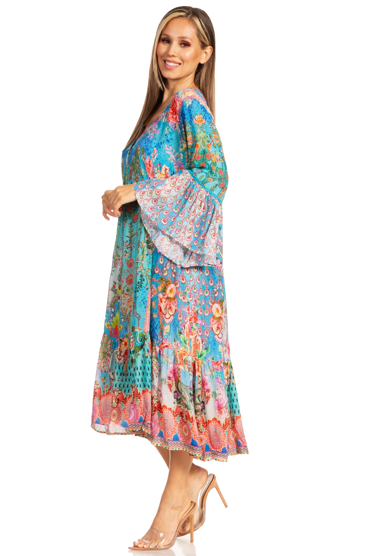 Sakkas Womens 3/4 Ruffled Sleeves Henley Neck Summer Short Flowy Dress/Beachwear - Concordia Style Boutique