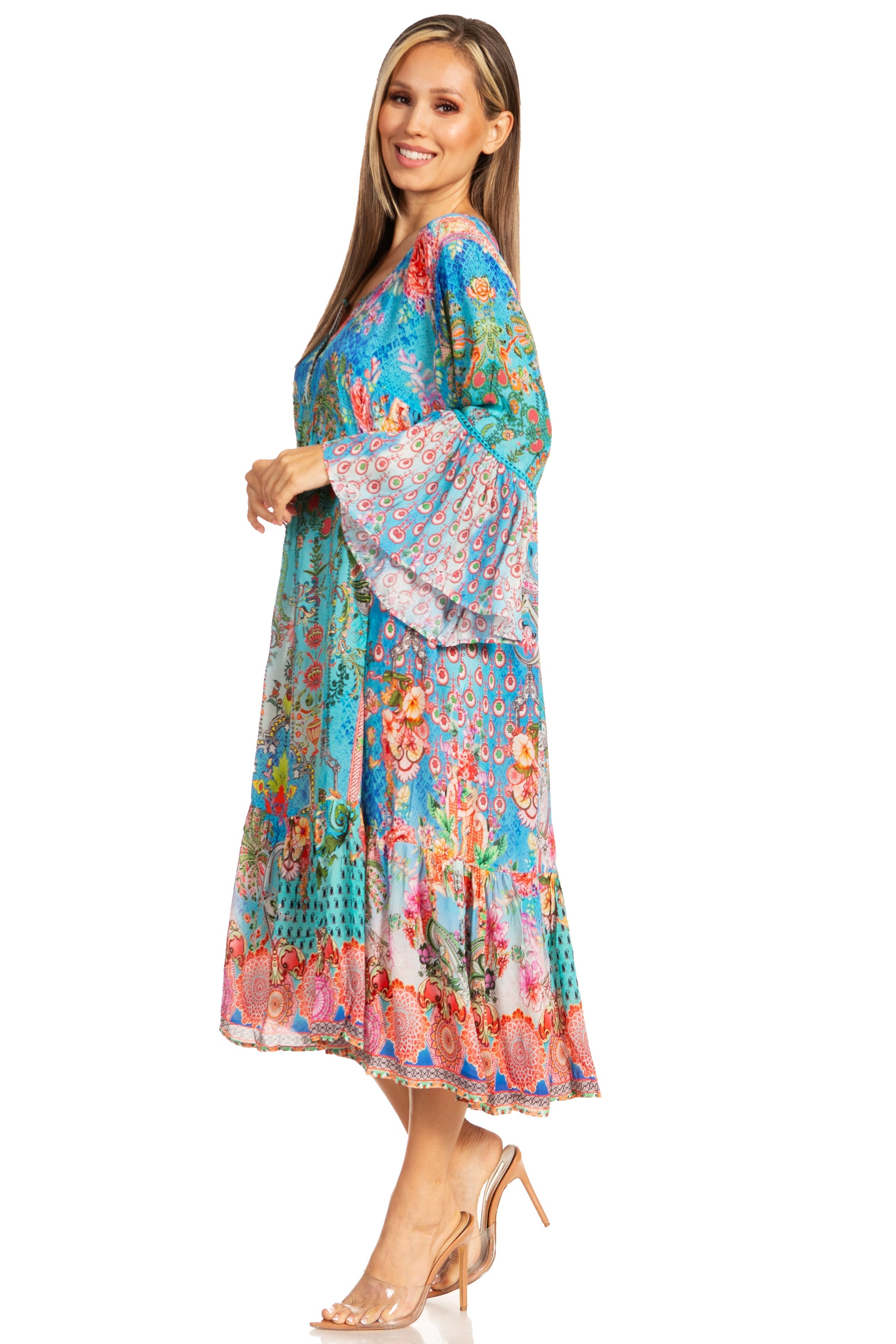 Sakkas Womens 3/4 Ruffled Sleeves Henley Neck Summer Short Flowy Dress/Beachwear - Concordia Style Boutique