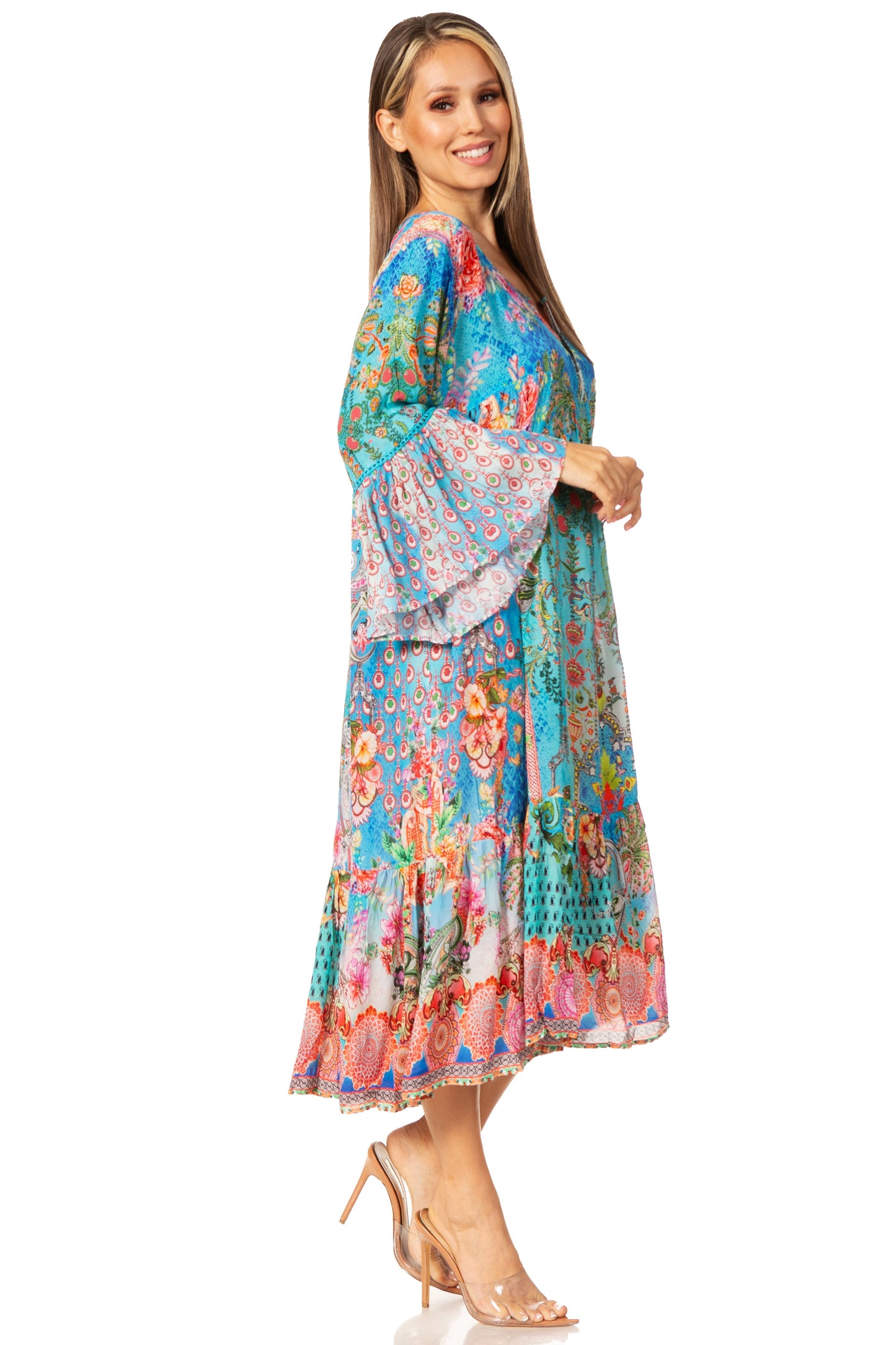 Sakkas Womens 3/4 Ruffled Sleeves Henley Neck Summer Short Flowy Dress/Beachwear - Concordia Style Boutique
