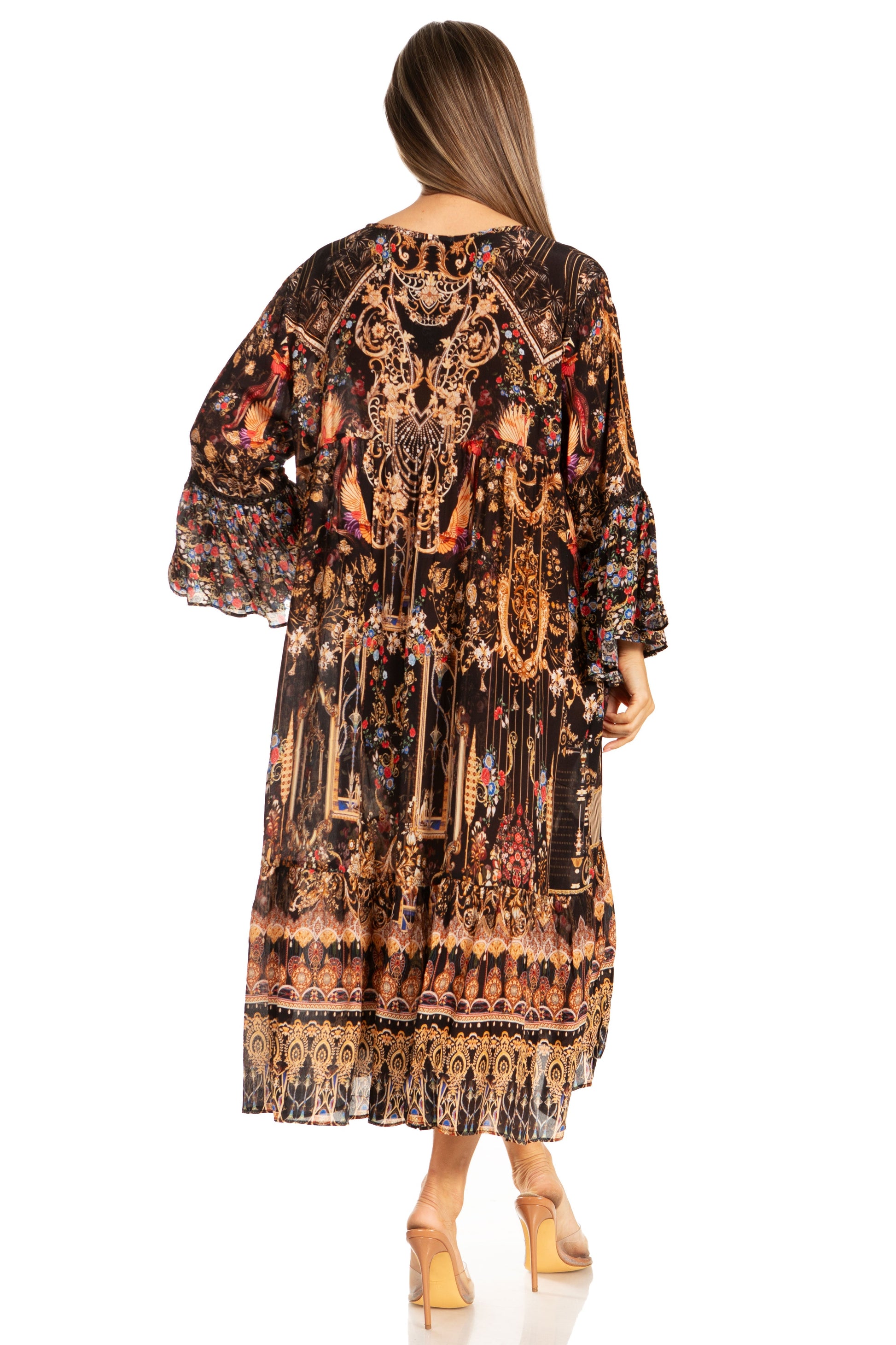 Sakkas Womens 3/4 Ruffled Sleeves Henley Neck Summer Short Flowy Dress/Beachwear - Concordia Style Boutique