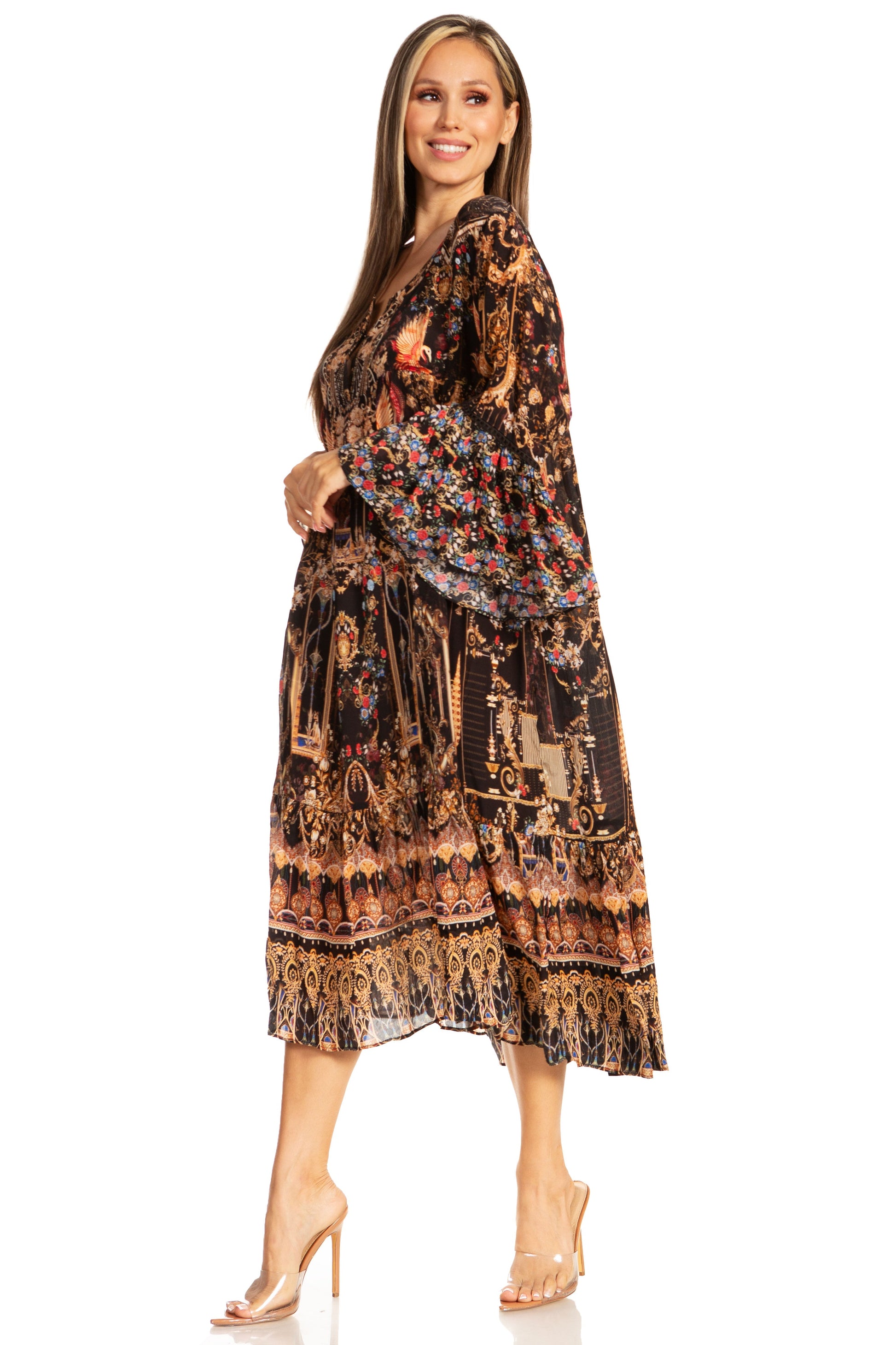 Sakkas Womens 3/4 Ruffled Sleeves Henley Neck Summer Short Flowy Dress/Beachwear - Concordia Style Boutique