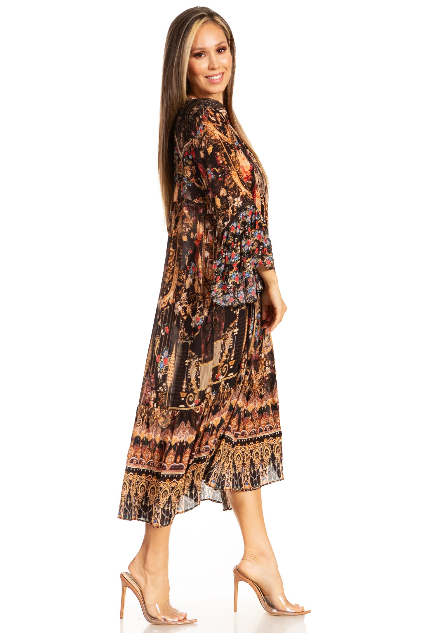 Sakkas Womens 3/4 Ruffled Sleeves Henley Neck Summer Short Flowy Dress/Beachwear - Concordia Style Boutique