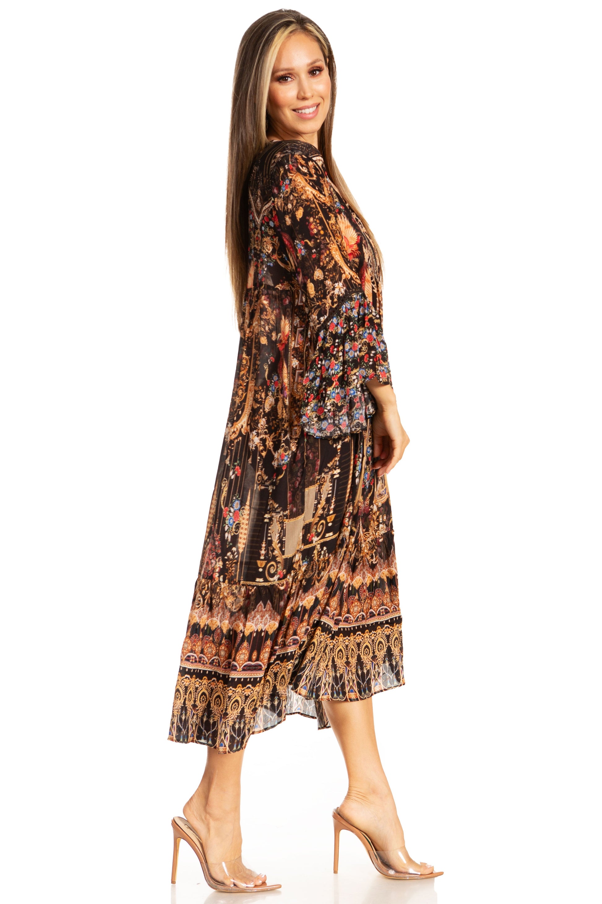 Sakkas Womens 3/4 Ruffled Sleeves Henley Neck Summer Short Flowy Dress/Beachwear - Concordia Style Boutique
