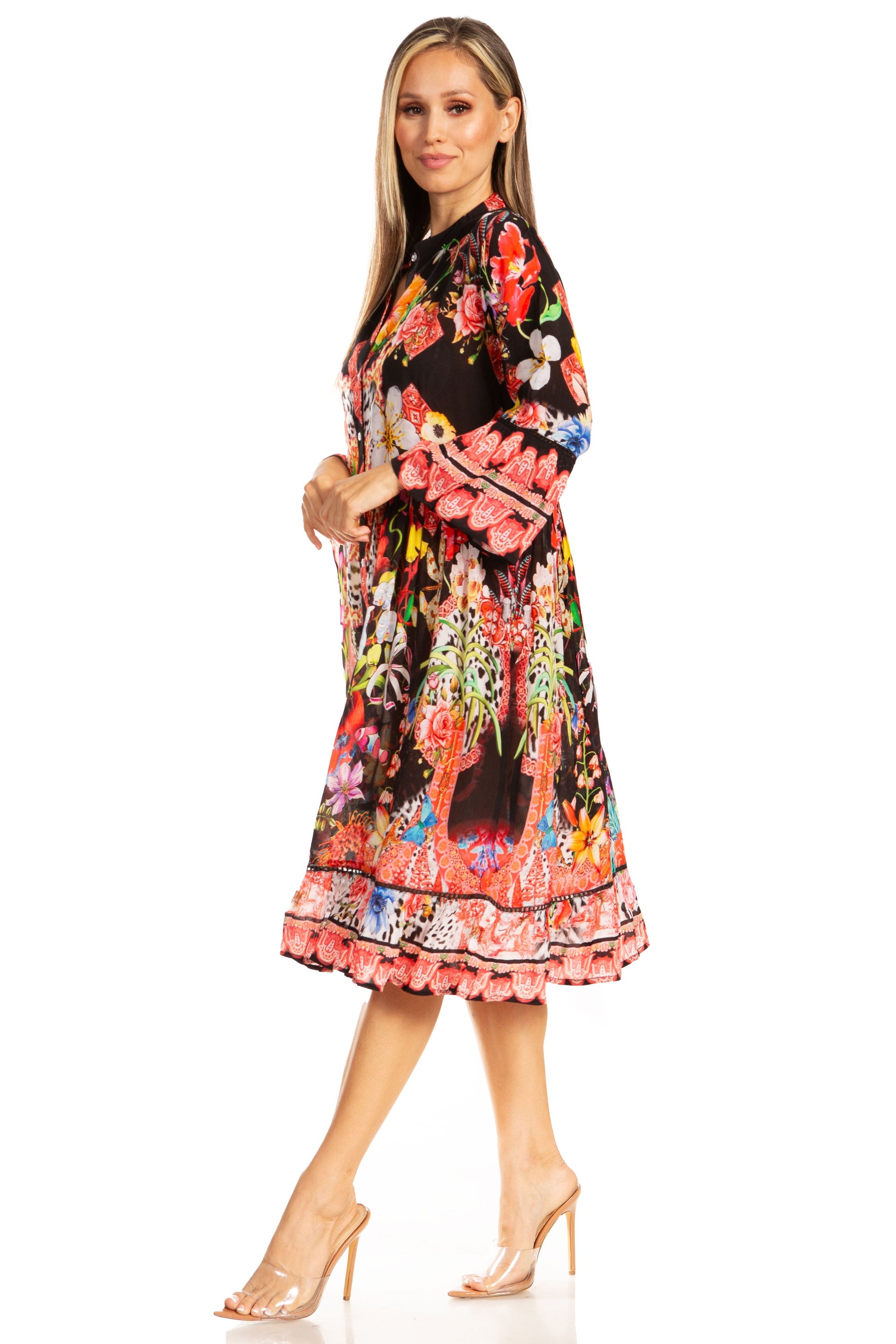 Sakkas Womens 3/4 Sleeves Button Down Spring/Summer Short Shirt Dress/Cover-up - Concordia Style Boutique