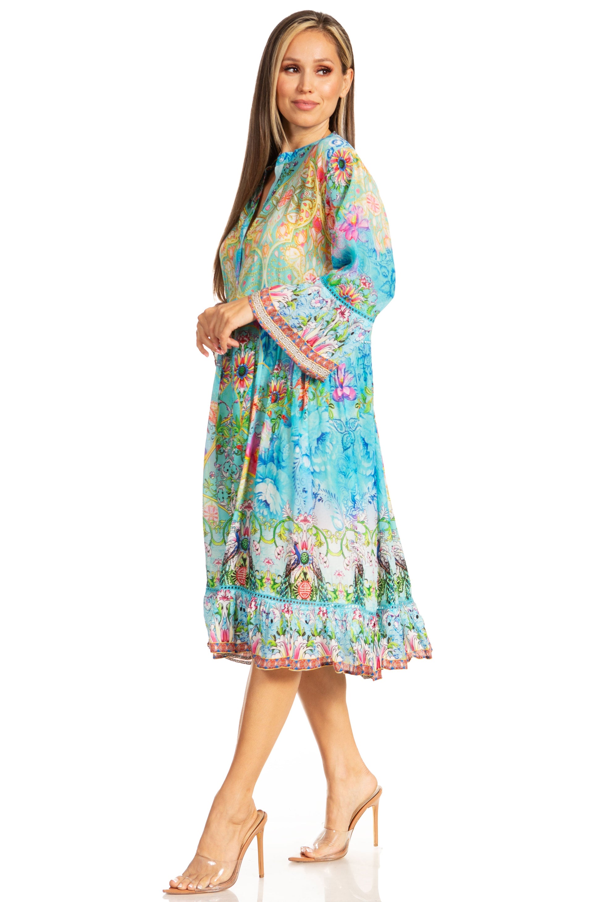 Sakkas Womens 3/4 Sleeves Button Down Spring/Summer Short Shirt Dress/Cover-up - Concordia Style Boutique