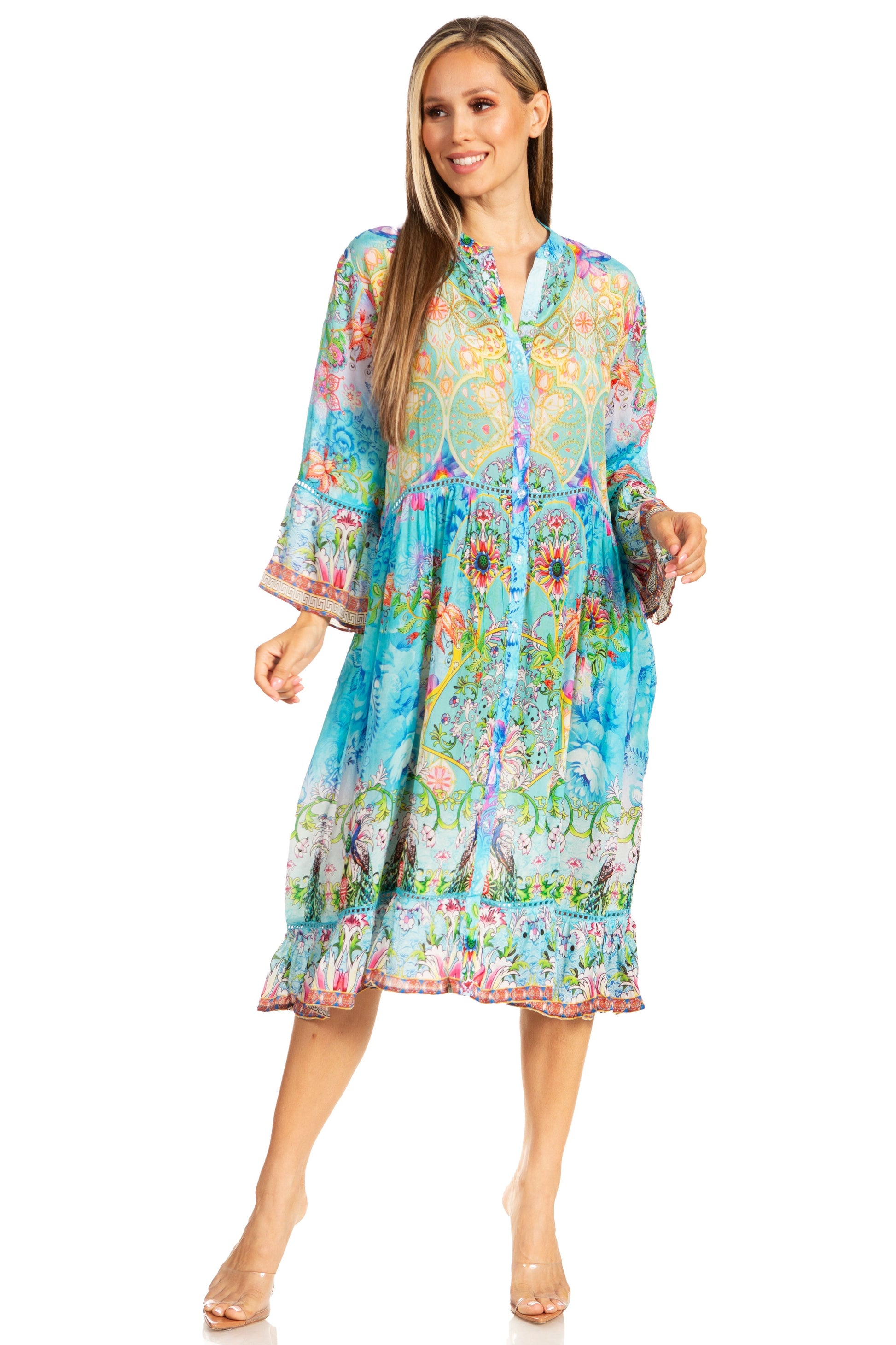 Sakkas Womens 3/4 Sleeves Button Down Spring/Summer Short Shirt Dress/Cover-up - Concordia Style Boutique