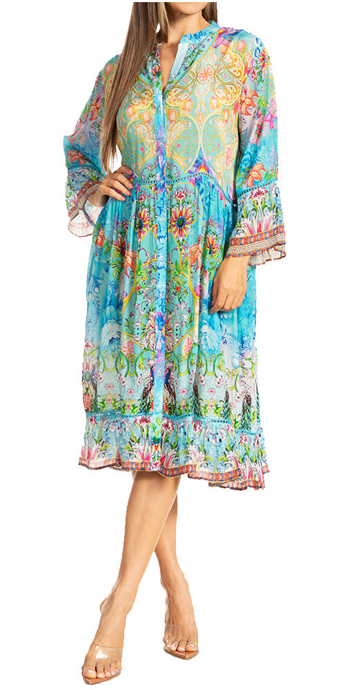 Sakkas Womens 3/4 Sleeves Button Down Spring/Summer Short Shirt Dress/Cover-up - Concordia Style Boutique