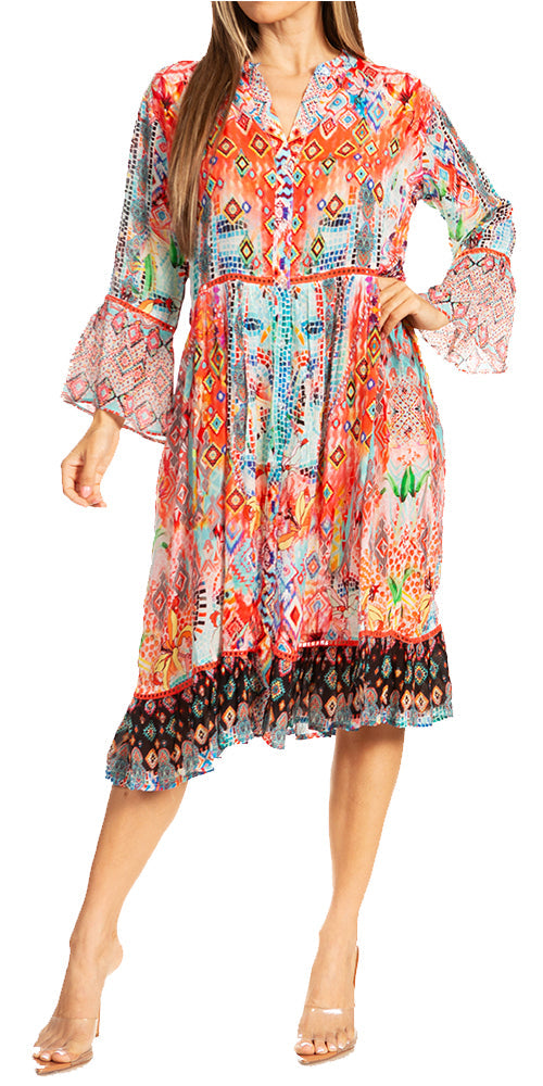 Sakkas Womens 3/4 Sleeves Button Down Spring/Summer Short Shirt Dress/Cover-up - Concordia Style Boutique