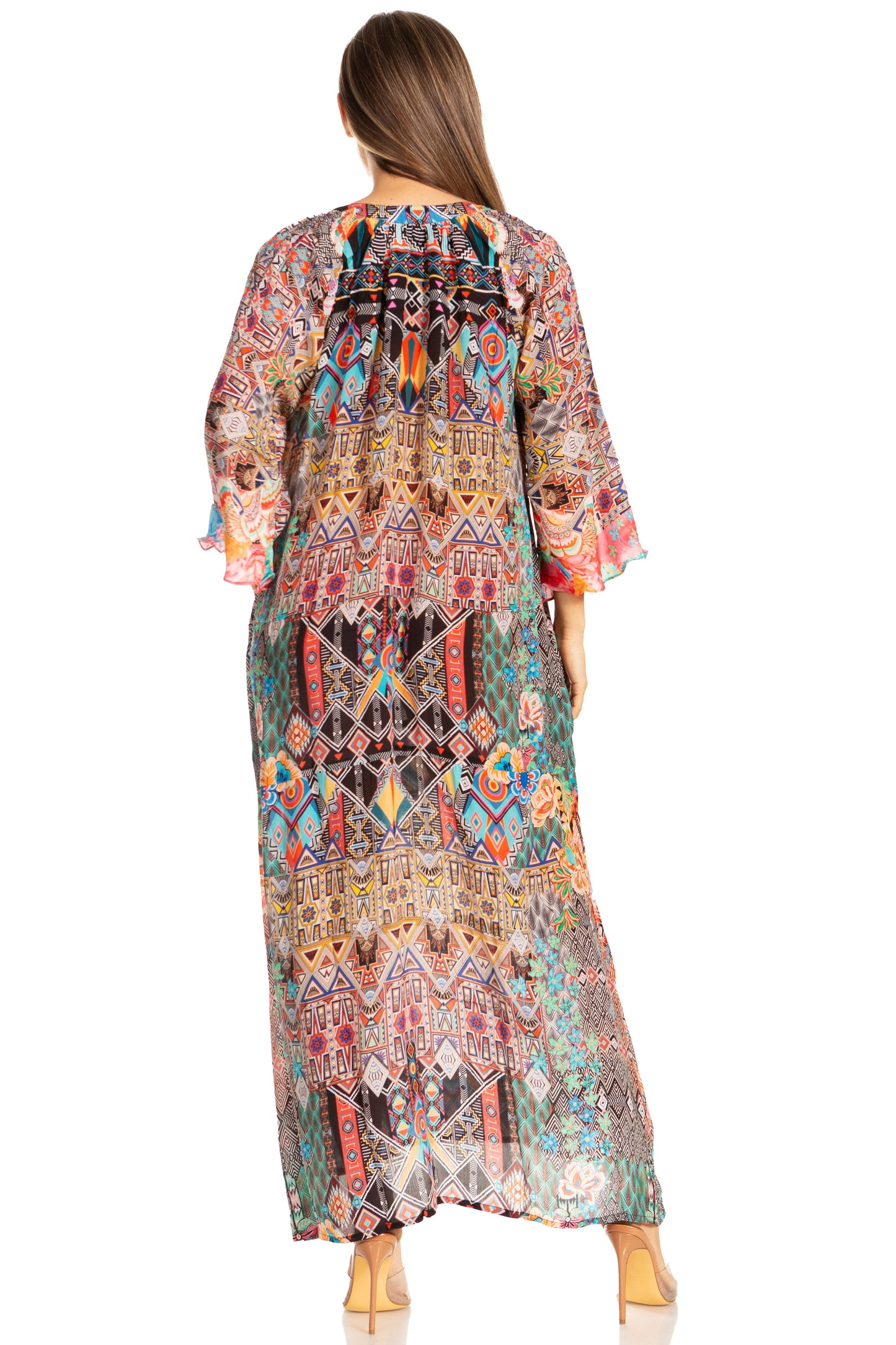 Sakkas Womens Henley Neck Elbow Sleeves Long A-Line Summer dress with pockets - Concordia Style Boutique