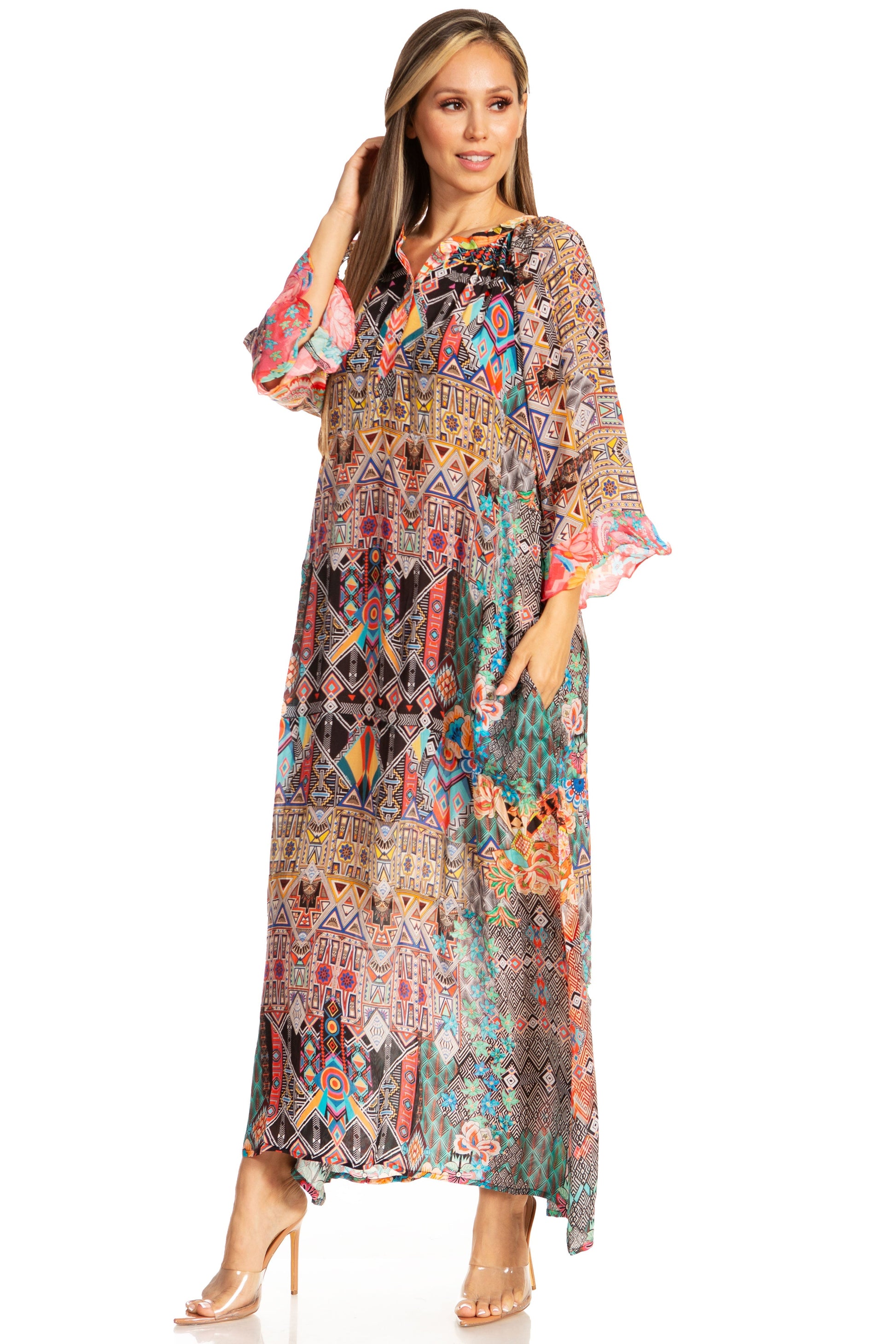 Sakkas Womens Henley Neck Elbow Sleeves Long A-Line Summer dress with pockets - Concordia Style Boutique