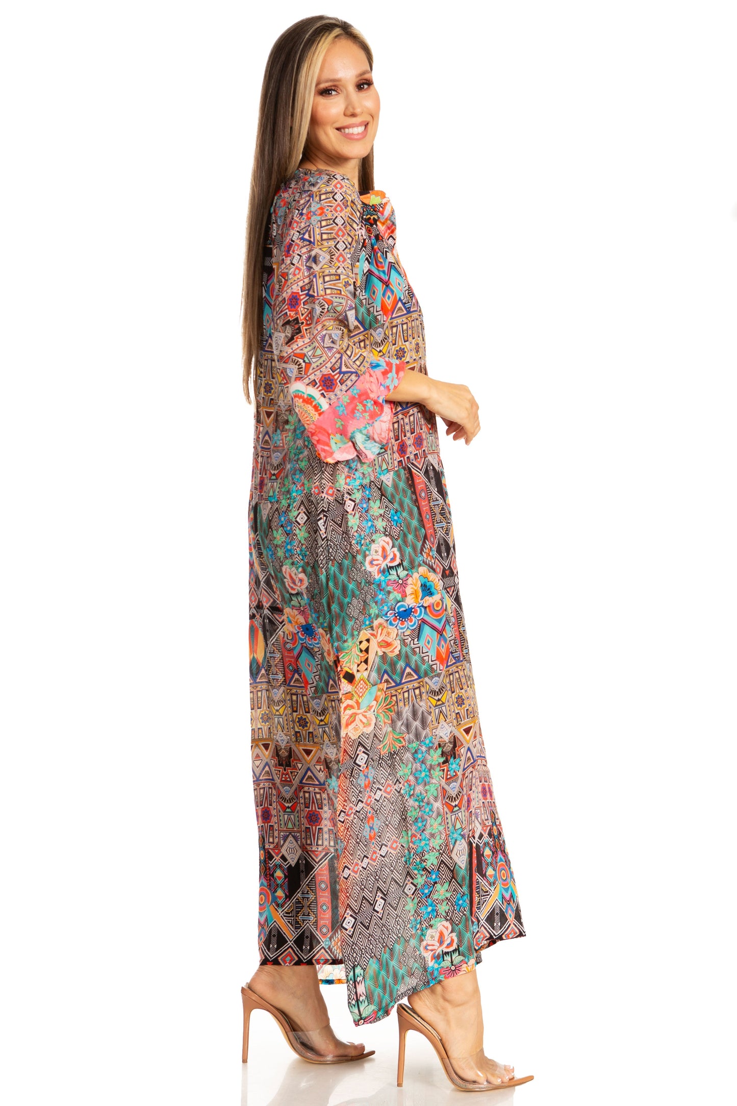 Sakkas Womens Henley Neck Elbow Sleeves Long A-Line Summer dress with pockets - Concordia Style Boutique