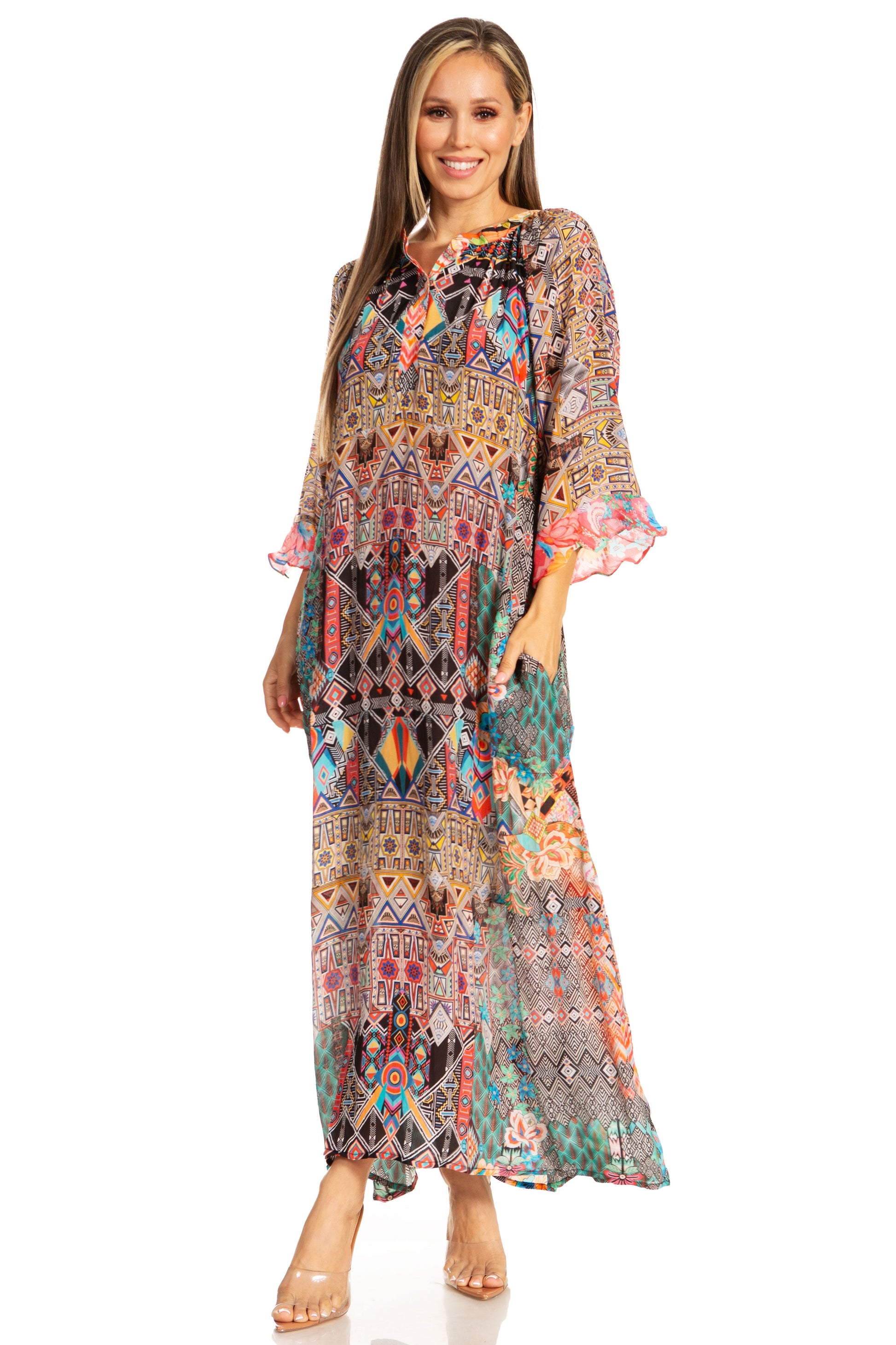 Sakkas Womens Henley Neck Elbow Sleeves Long A-Line Summer dress with pockets - Concordia Style Boutique