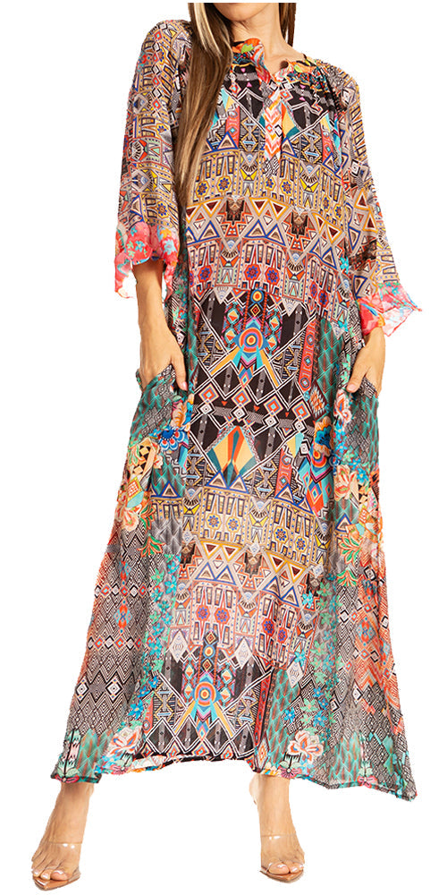 Sakkas Womens Henley Neck Elbow Sleeves Long A-Line Summer dress with pockets - Concordia Style Boutique