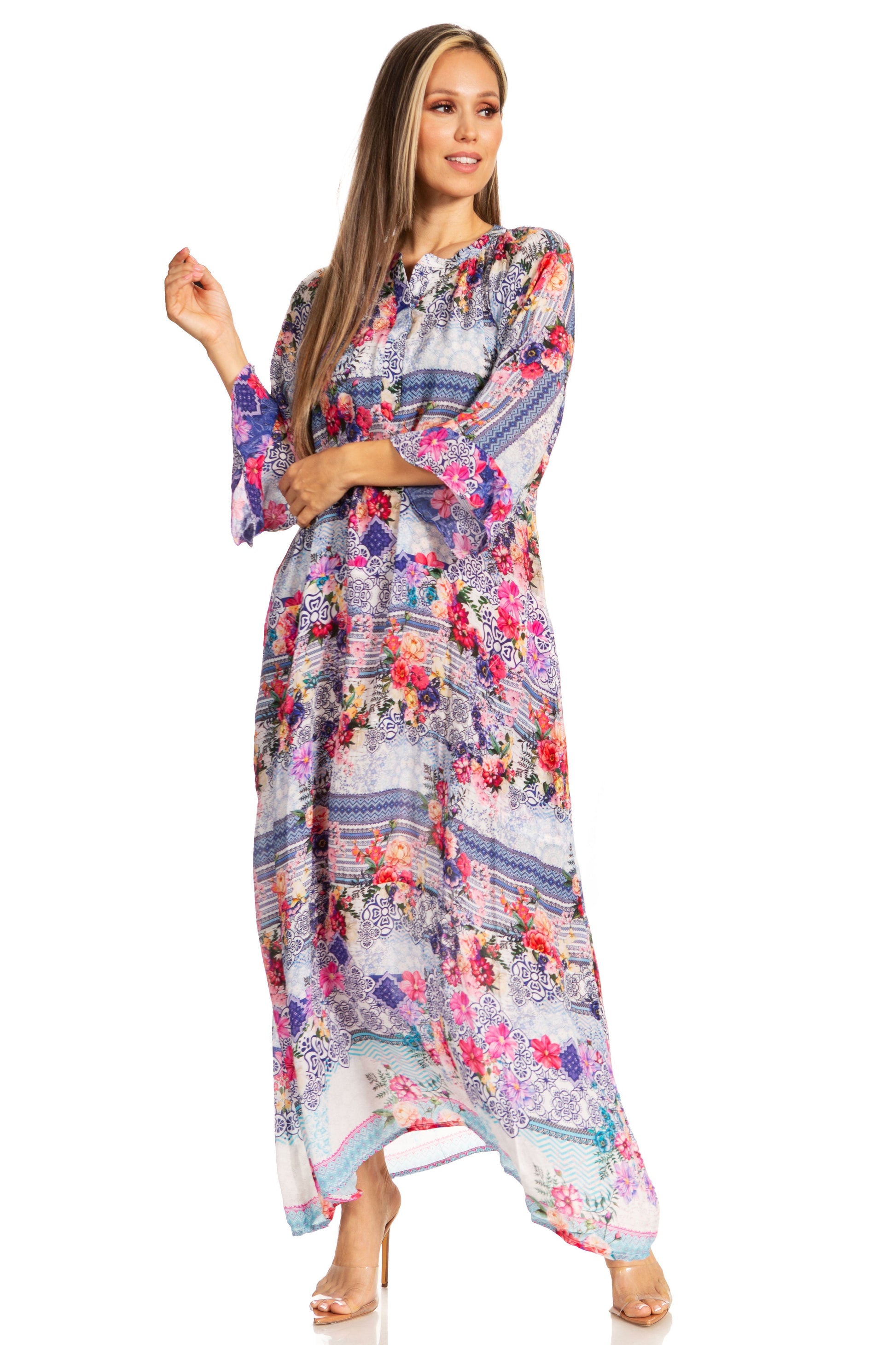 Sakkas Womens Henley Neck Elbow Sleeves Long A-Line Summer dress with pockets - Concordia Style Boutique