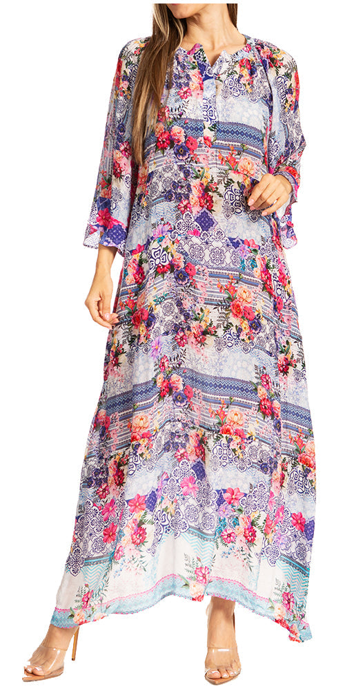 Sakkas Womens Henley Neck Elbow Sleeves Long A-Line Summer dress with pockets - Concordia Style Boutique