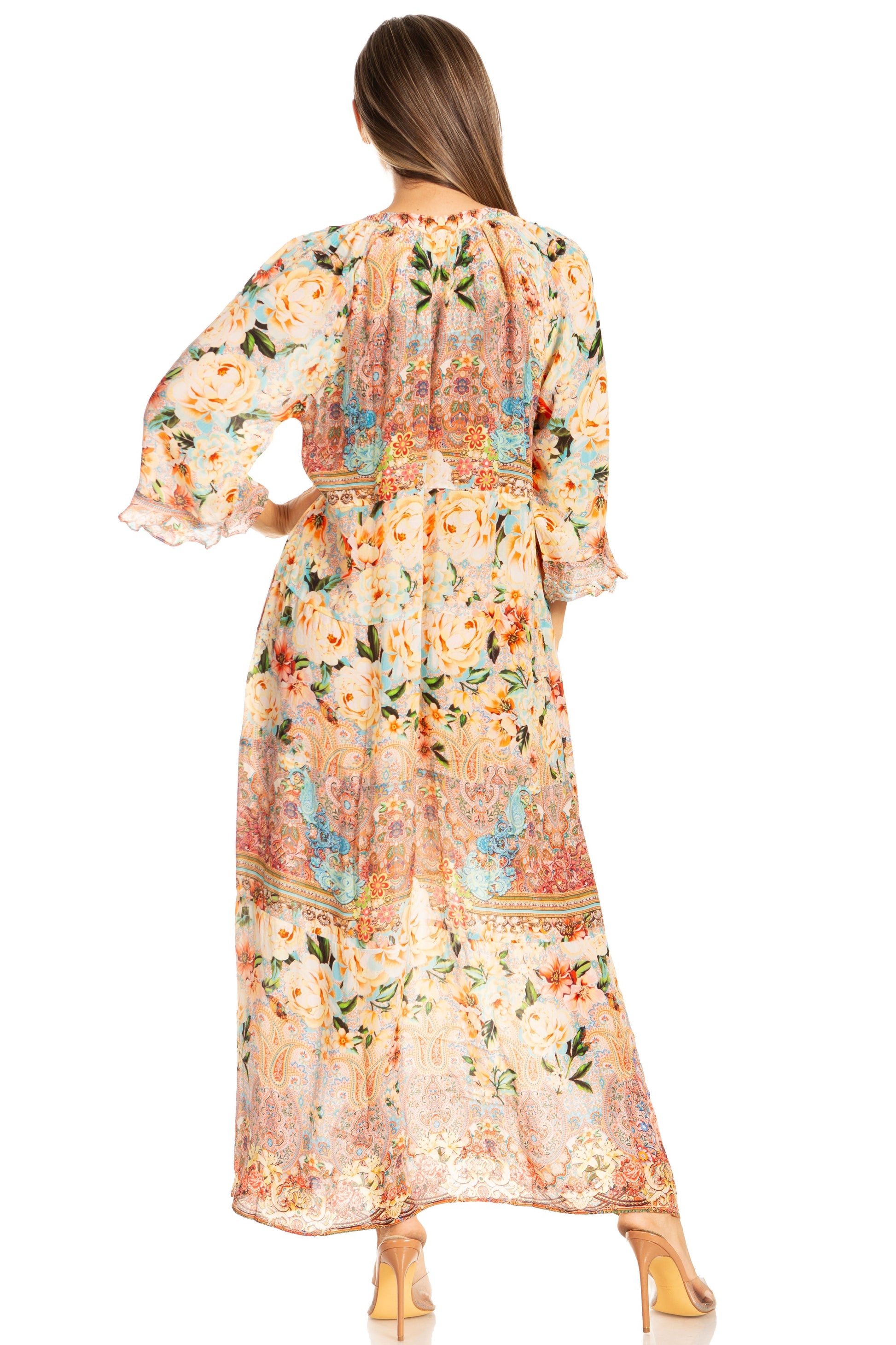 Sakkas Womens Henley Neck Elbow Sleeves Long A-Line Summer dress with pockets - Concordia Style Boutique