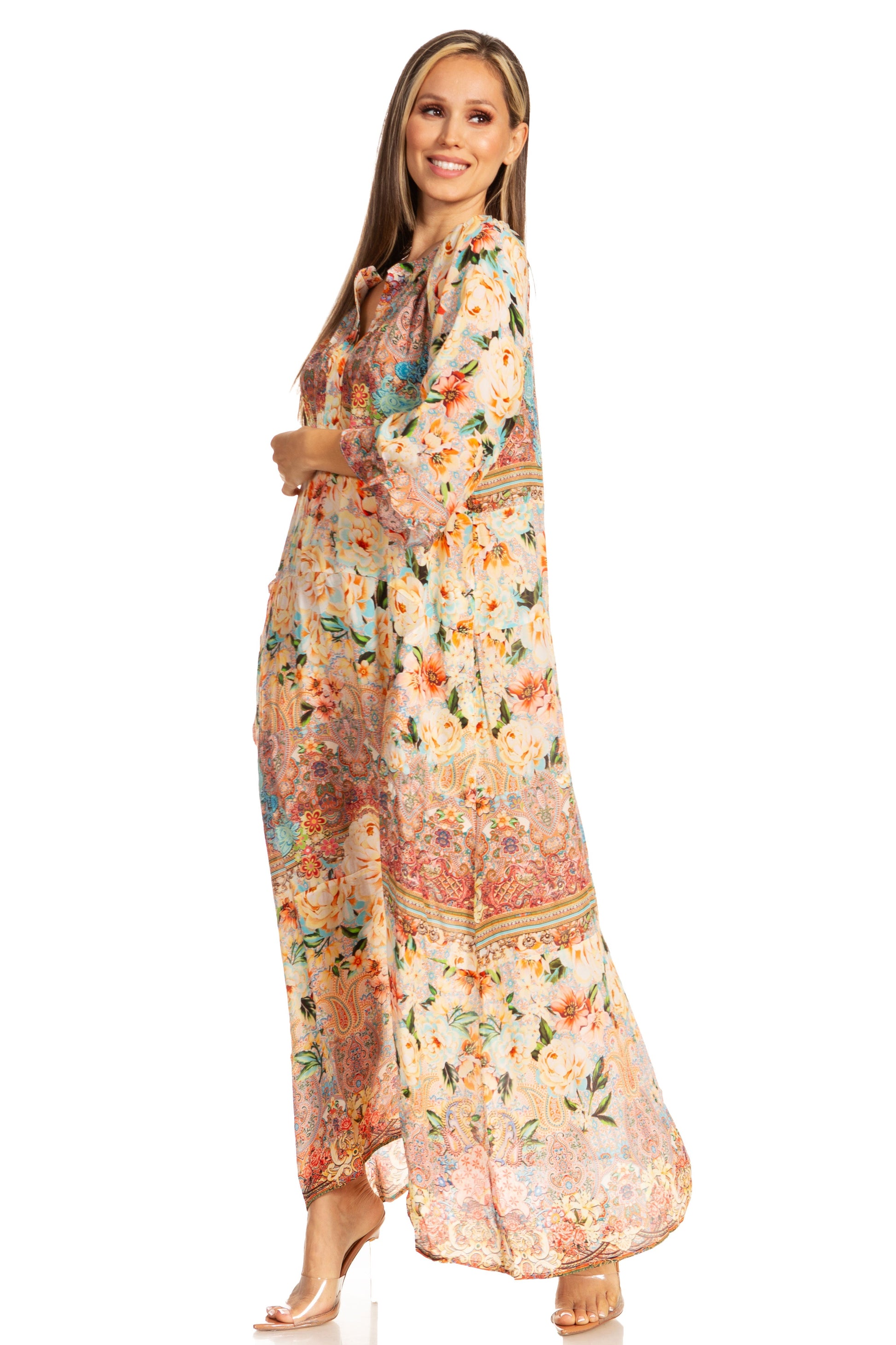 Sakkas Womens Henley Neck Elbow Sleeves Long A-Line Summer dress with pockets - Concordia Style Boutique