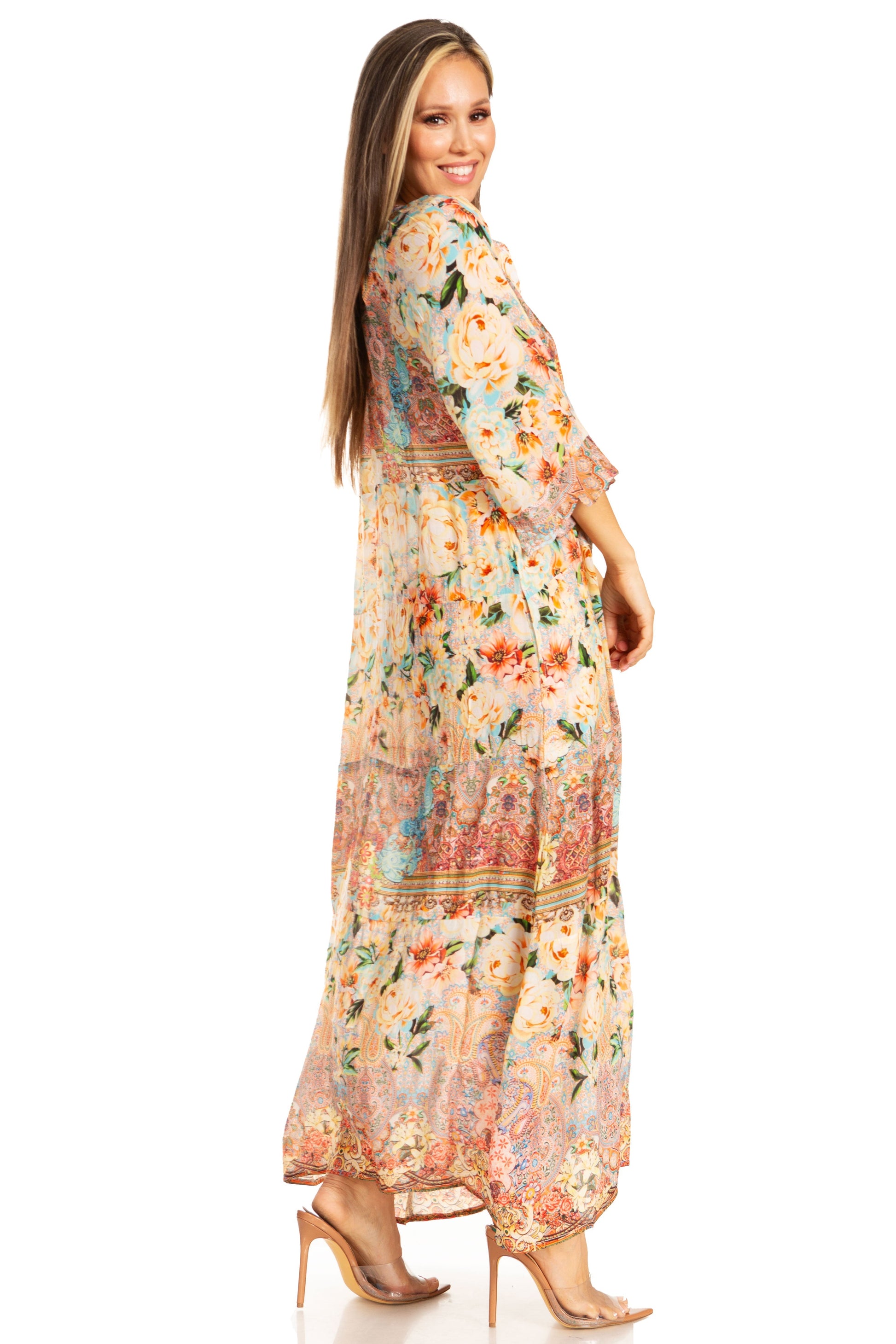Sakkas Womens Henley Neck Elbow Sleeves Long A-Line Summer dress with pockets - Concordia Style Boutique