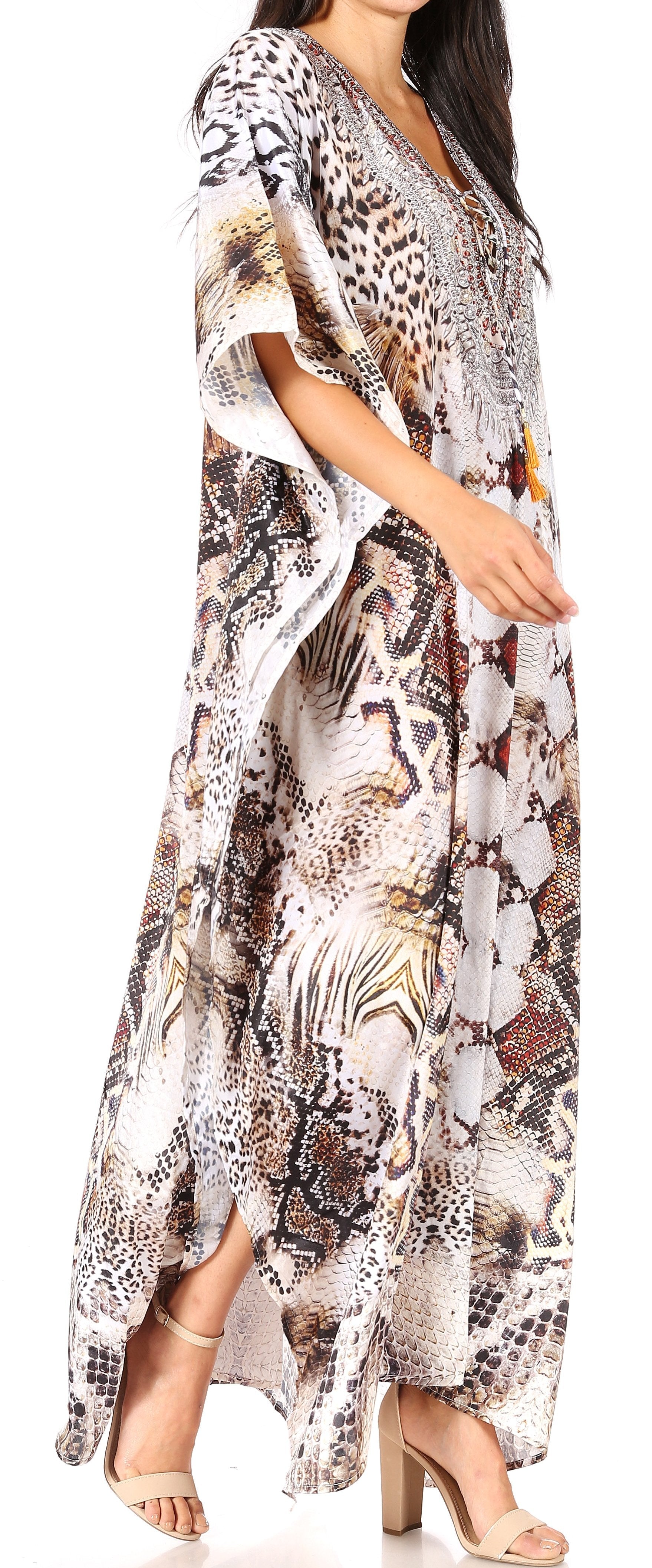 Sakkas Yeni Women's Short Sleeve V-neck Summer Floral Long Caftan Dress Cover-up - Concordia Style Boutique