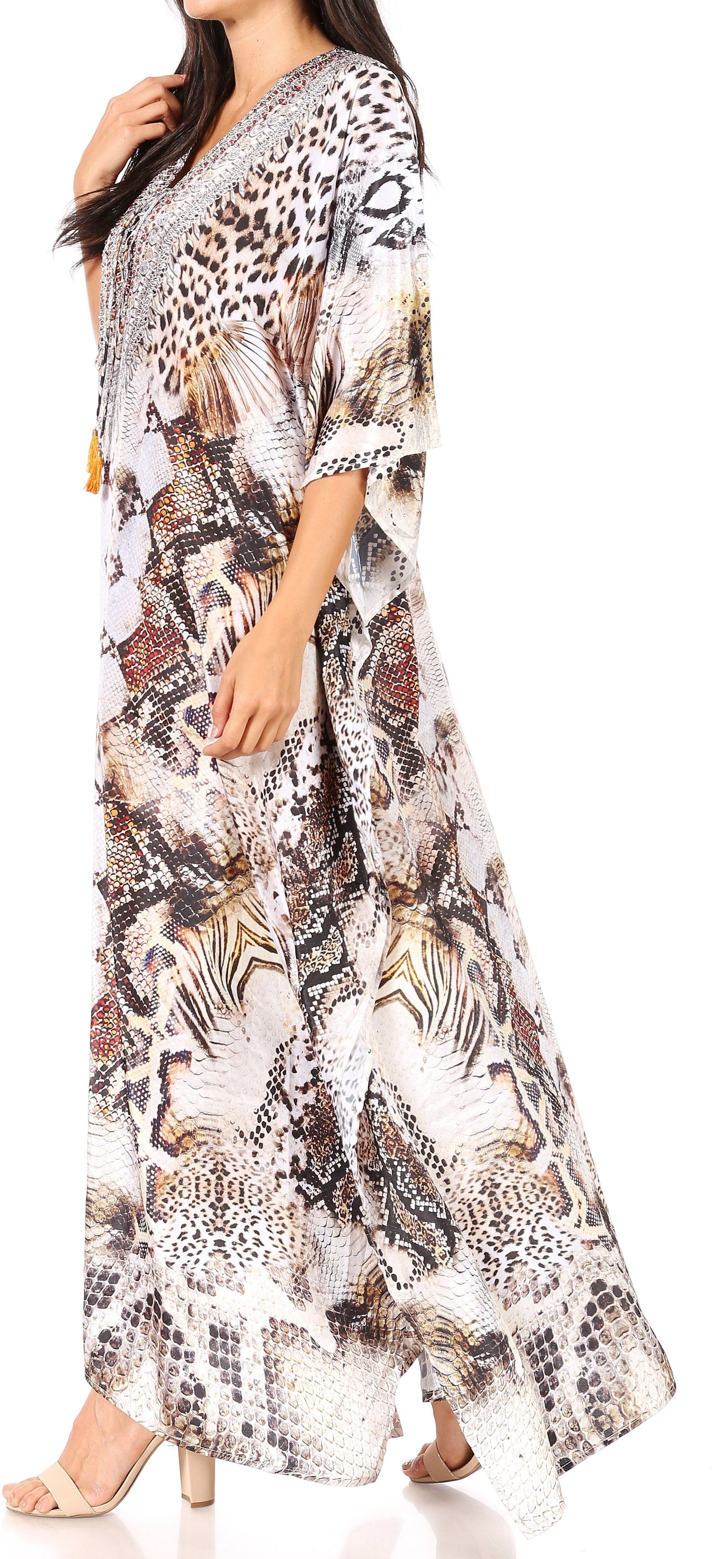 Sakkas Yeni Women's Short Sleeve V-neck Summer Floral Long Caftan Dress Cover-up - Concordia Style Boutique