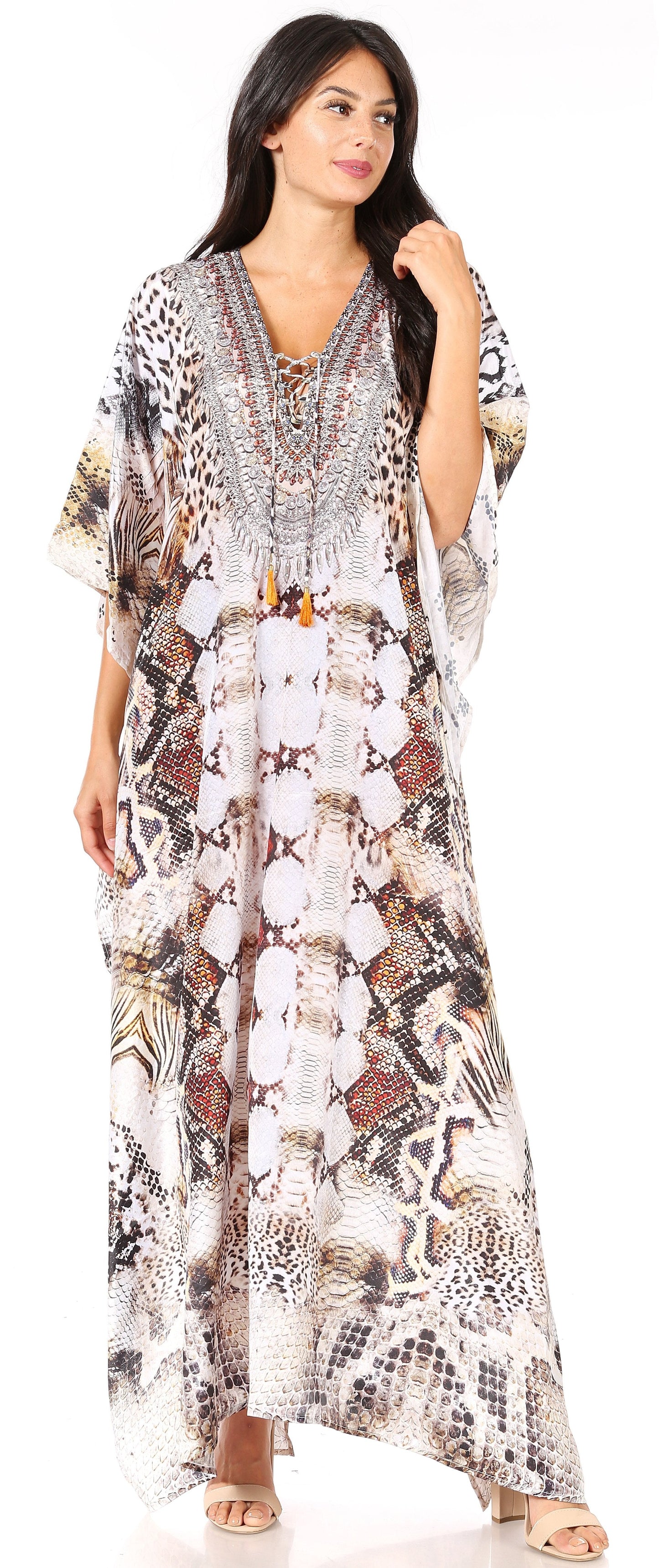 Sakkas Yeni Women's Short Sleeve V-neck Summer Floral Long Caftan Dress Cover-up - Concordia Style Boutique