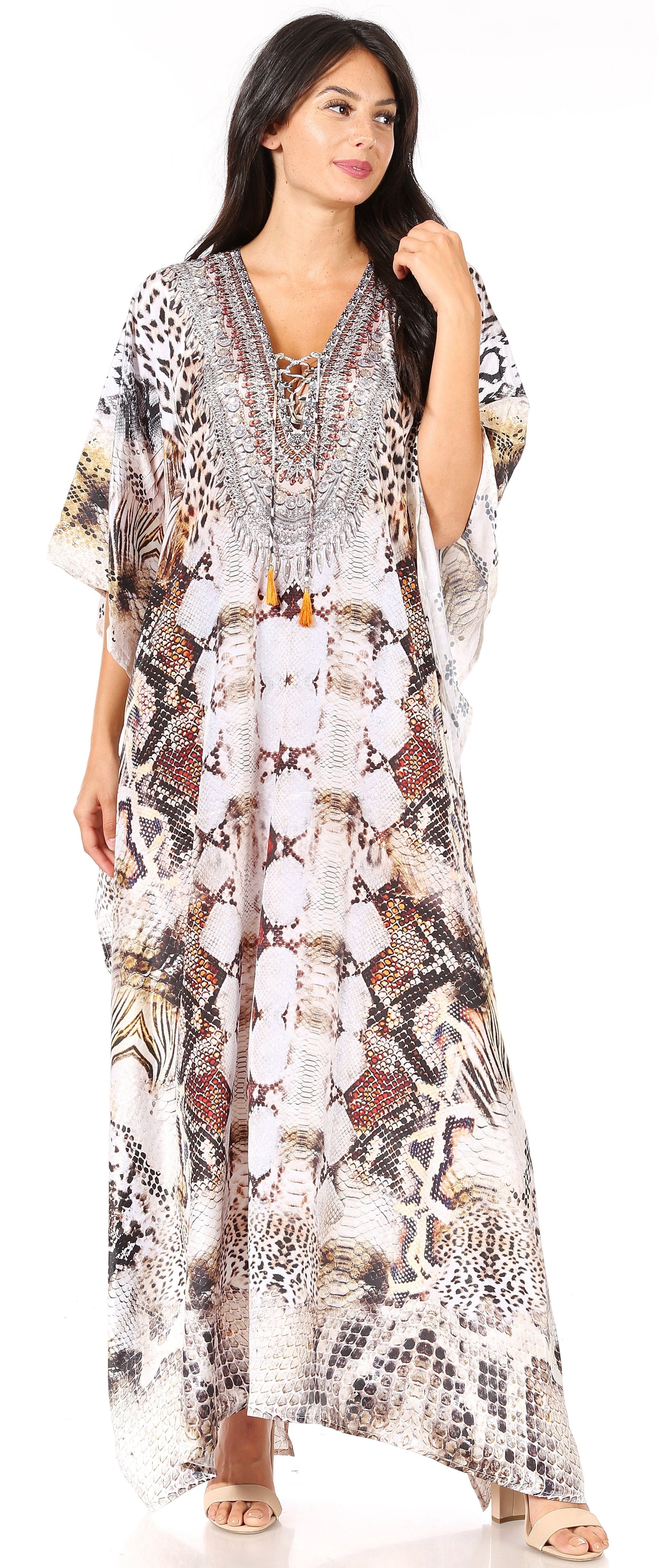 Sakkas Yeni Women's Short Sleeve V-neck Summer Floral Long Caftan Dress Cover-up - Concordia Style Boutique