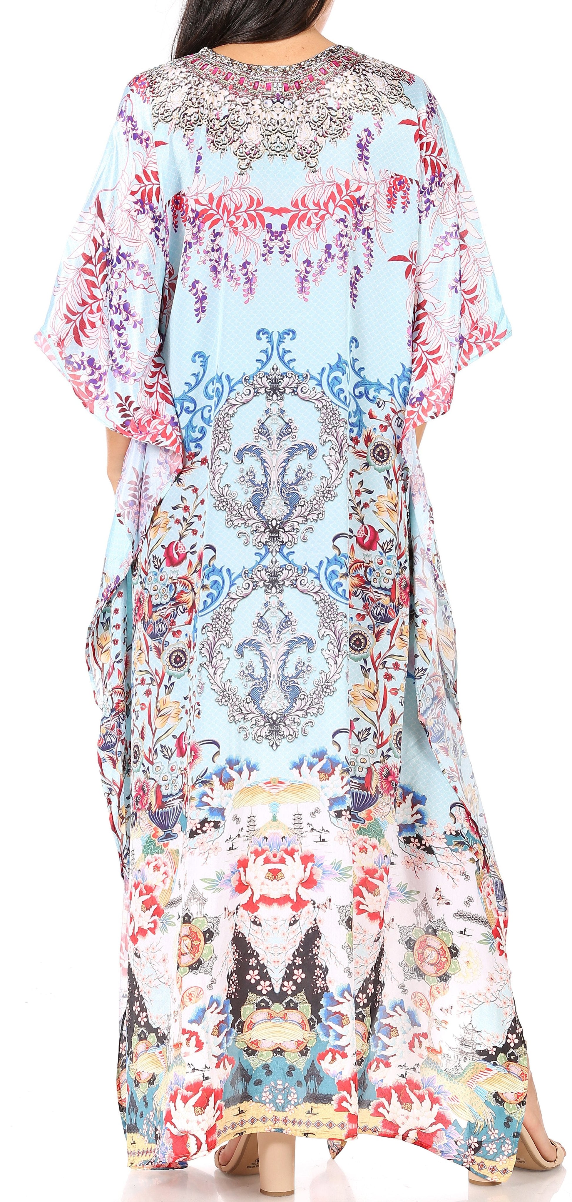 Sakkas Yeni Women's Short Sleeve V-neck Summer Floral Long Caftan Dress Cover-up - Concordia Style Boutique