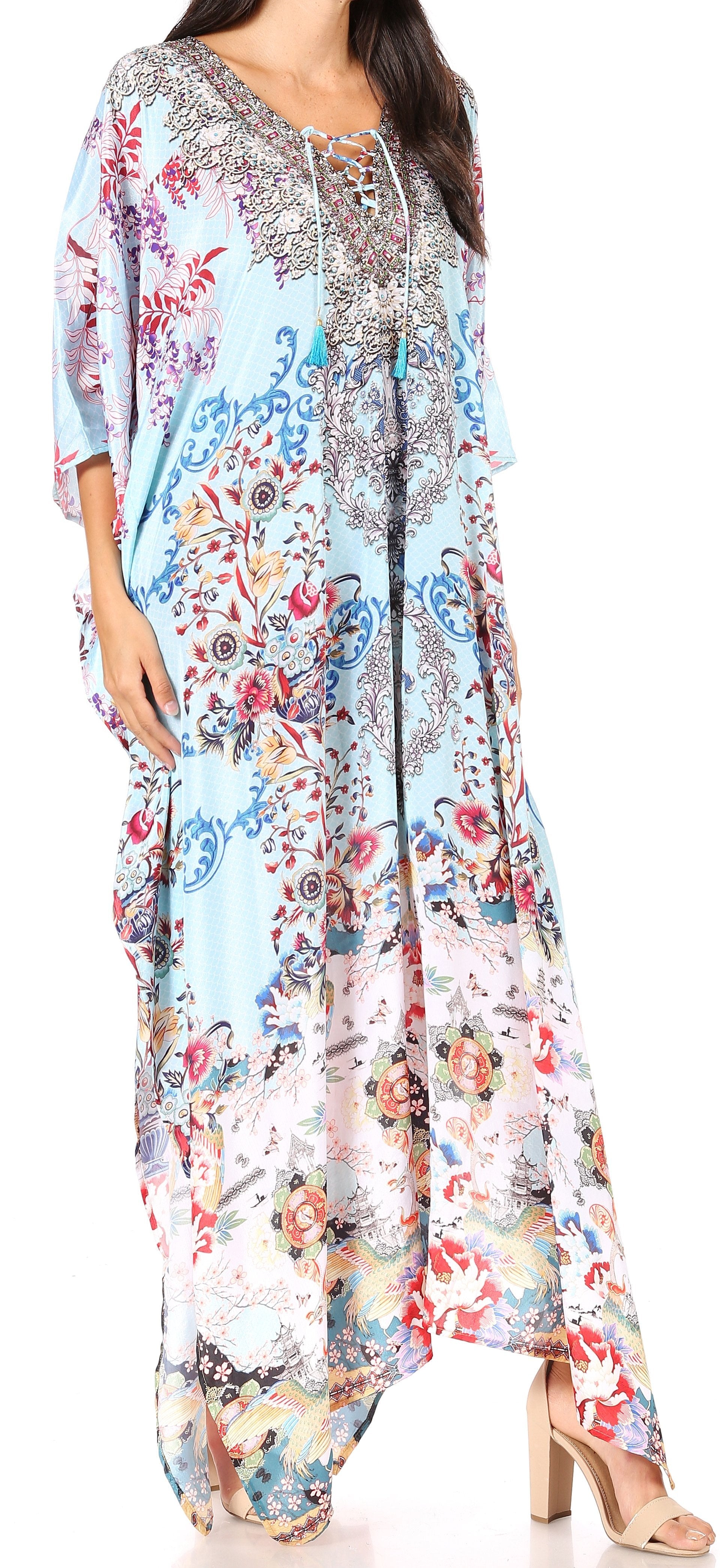 Sakkas Yeni Women's Short Sleeve V-neck Summer Floral Long Caftan Dress Cover-up - Concordia Style Boutique