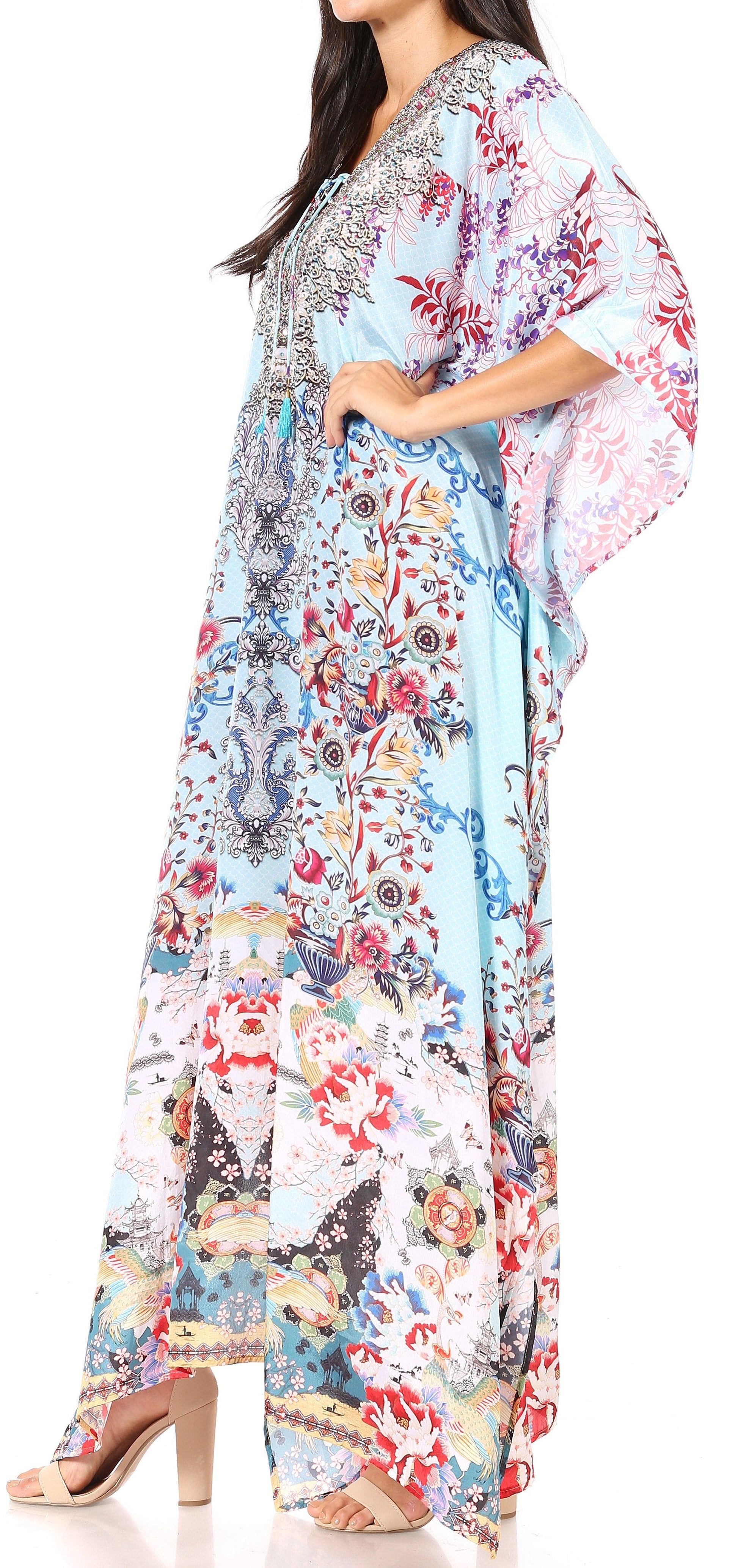 Sakkas Yeni Women's Short Sleeve V-neck Summer Floral Long Caftan Dress Cover-up - Concordia Style Boutique