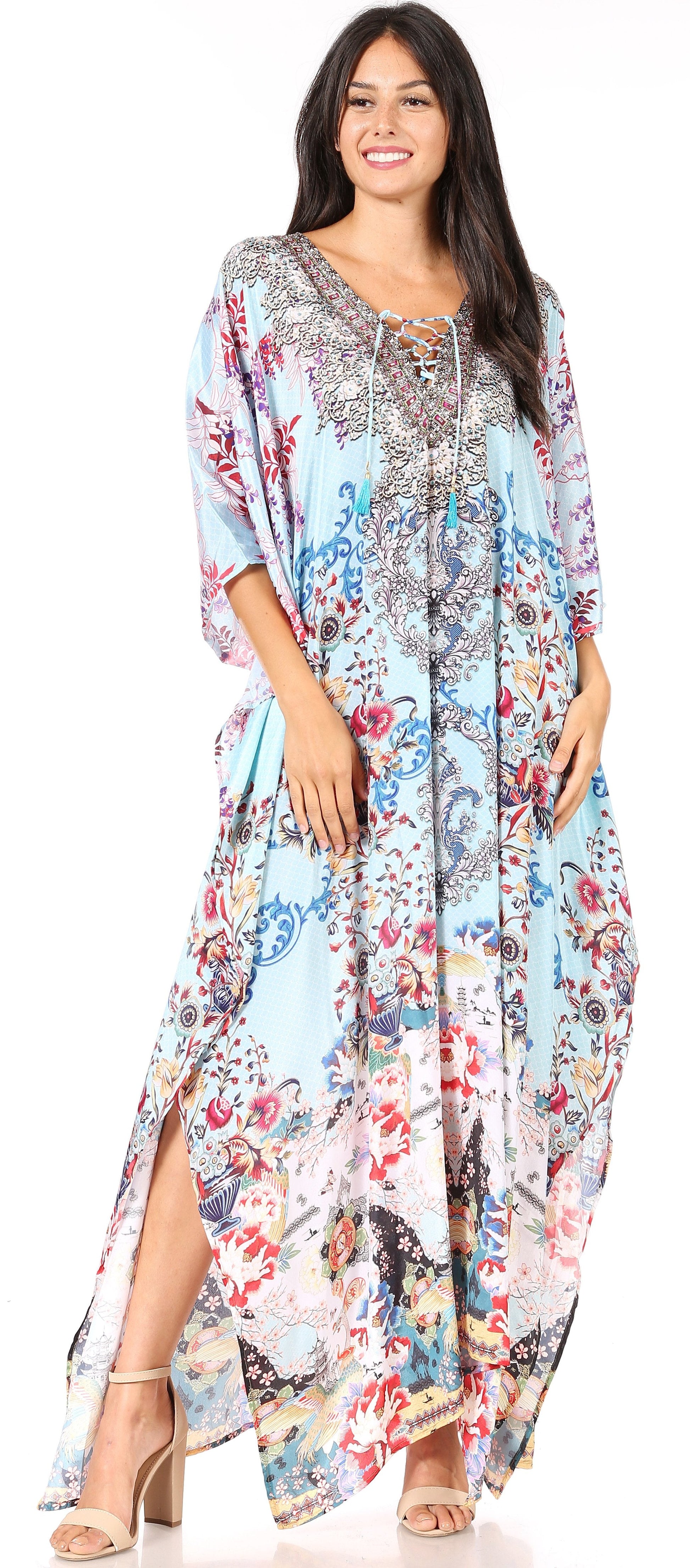 Sakkas Yeni Women's Short Sleeve V-neck Summer Floral Long Caftan Dress Cover-up - Concordia Style Boutique