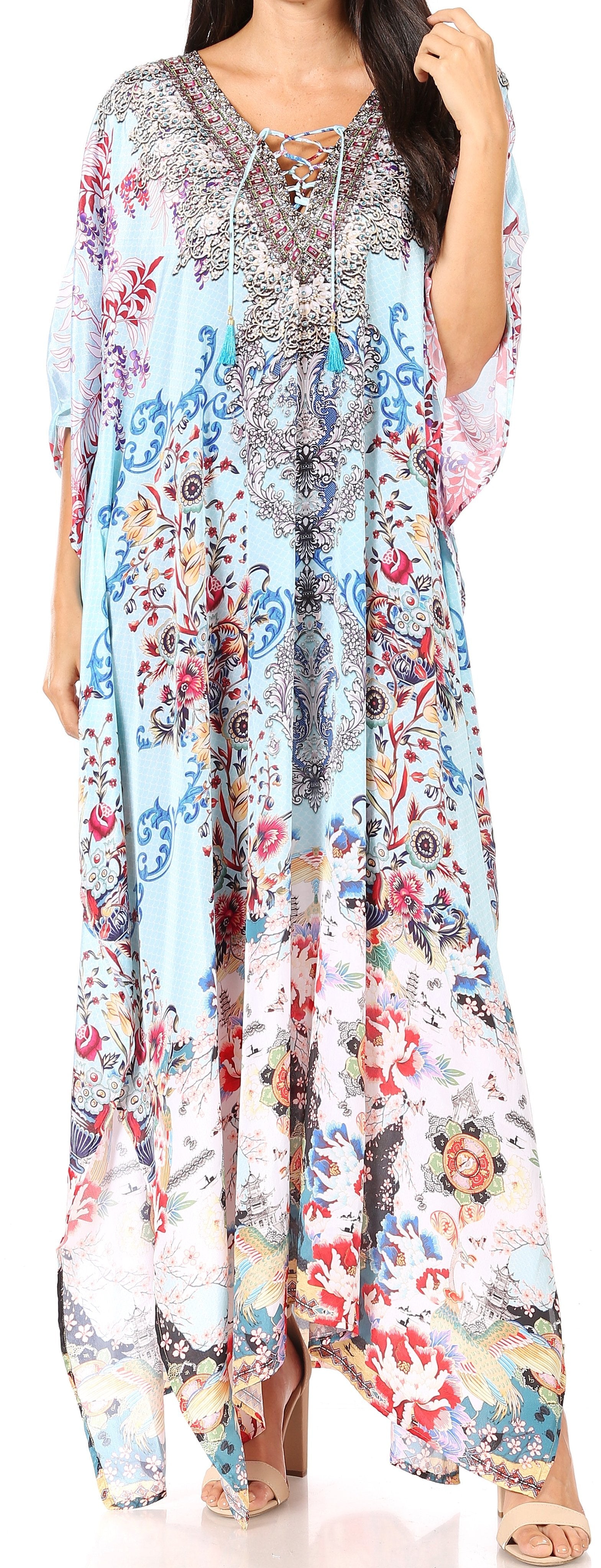 Sakkas Yeni Women's Short Sleeve V-neck Summer Floral Long Caftan Dress Cover-up - Concordia Style Boutique