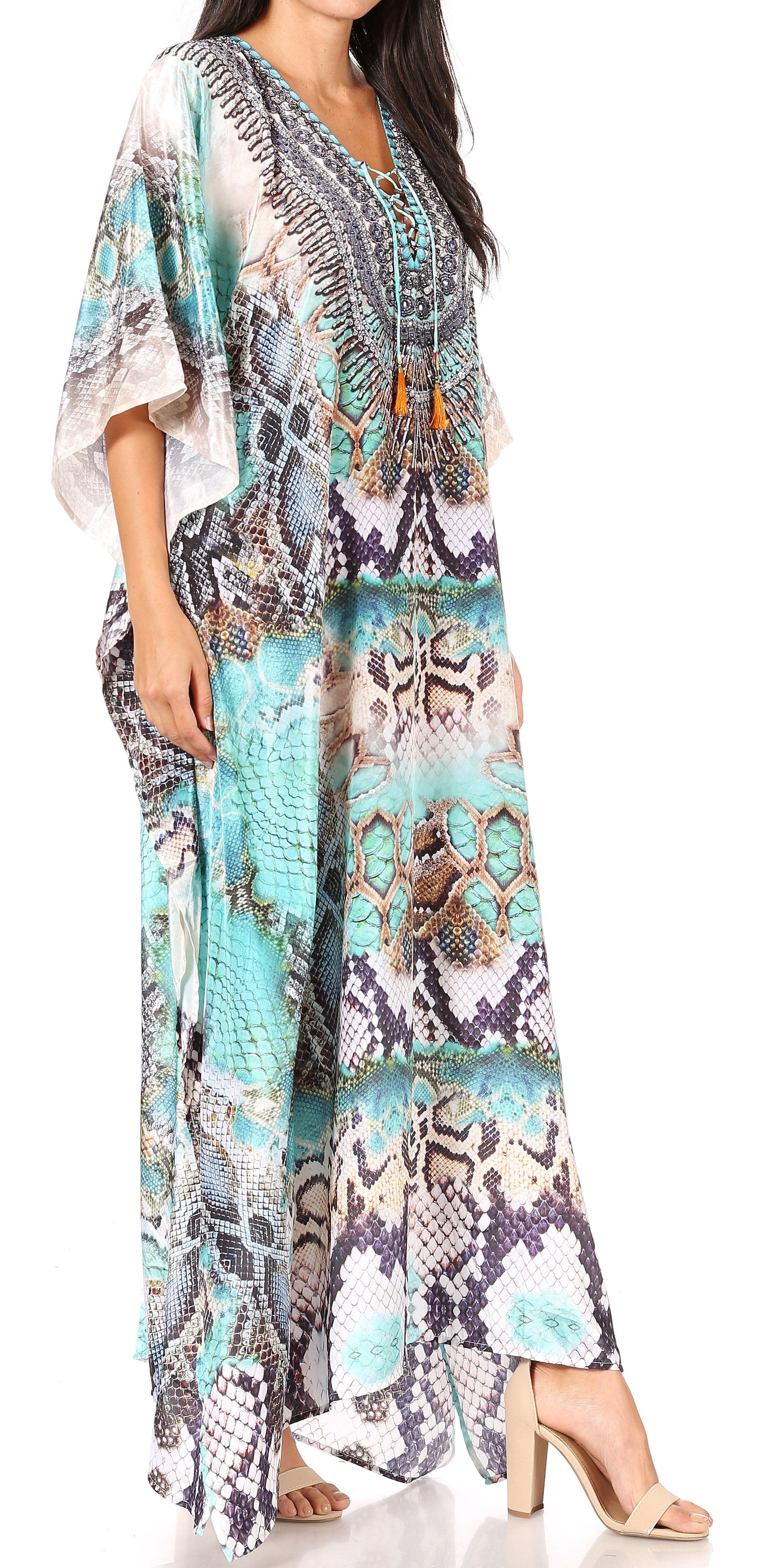 Sakkas Yeni Women's Short Sleeve V-neck Summer Floral Long Caftan Dress Cover-up - Concordia Style Boutique