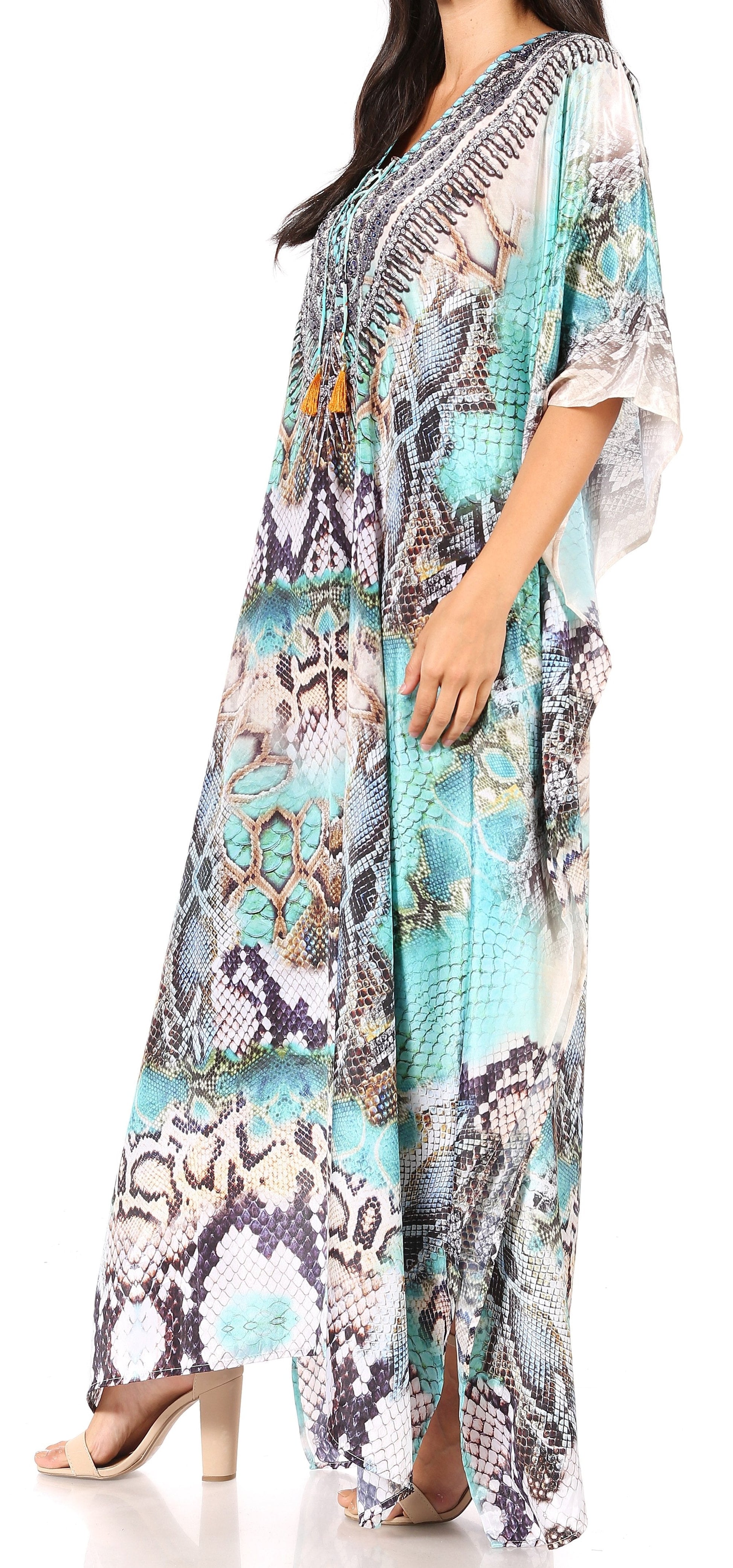 Sakkas Yeni Women's Short Sleeve V-neck Summer Floral Long Caftan Dress Cover-up - Concordia Style Boutique