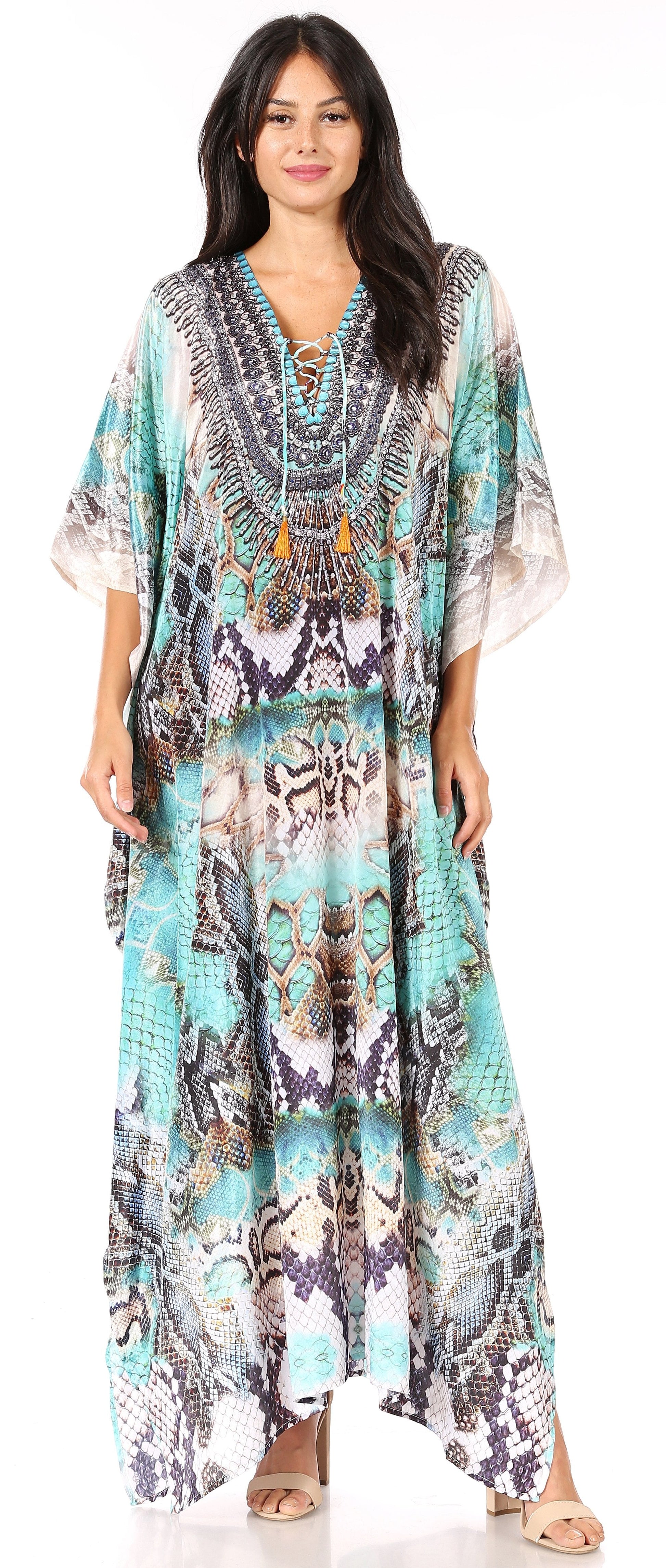 Sakkas Yeni Women's Short Sleeve V-neck Summer Floral Long Caftan Dress Cover-up - Concordia Style Boutique