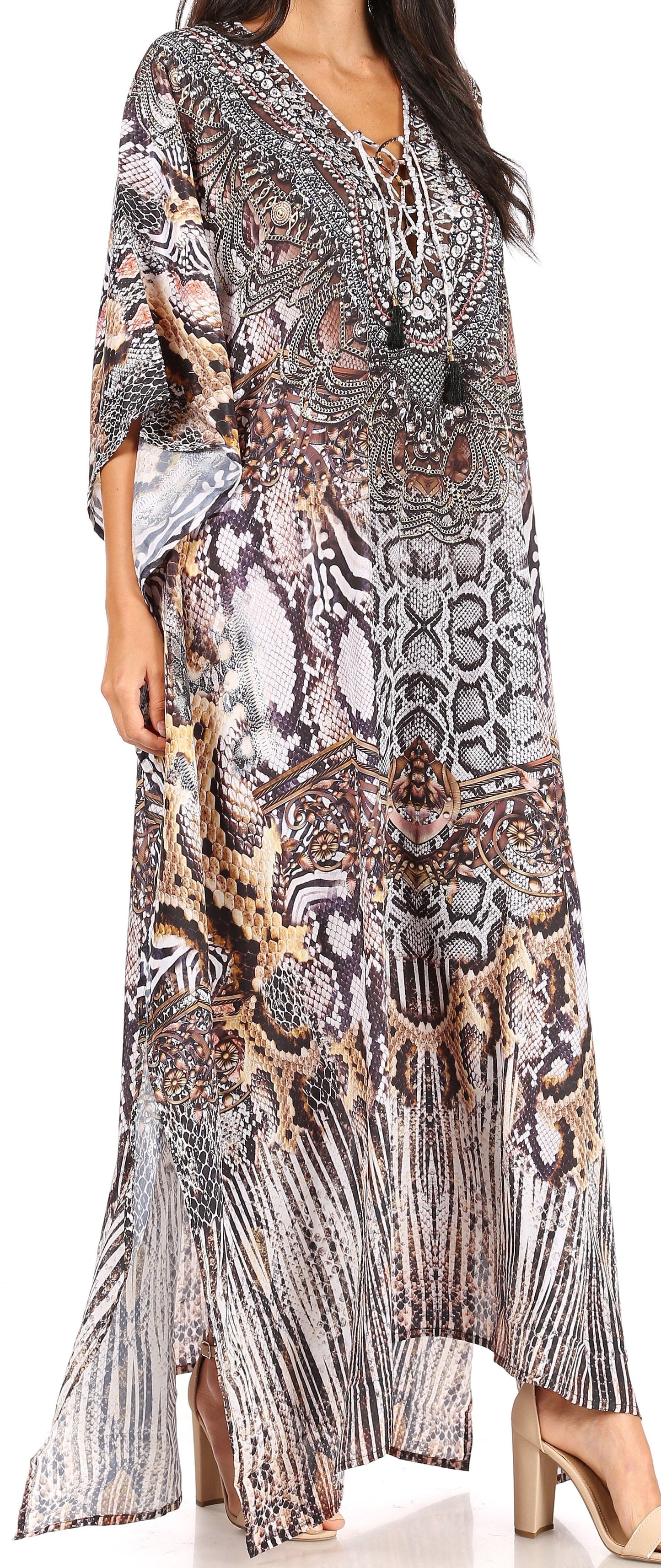 Sakkas Yeni Women's Short Sleeve V-neck Summer Floral Long Caftan Dress Cover-up - Concordia Style Boutique