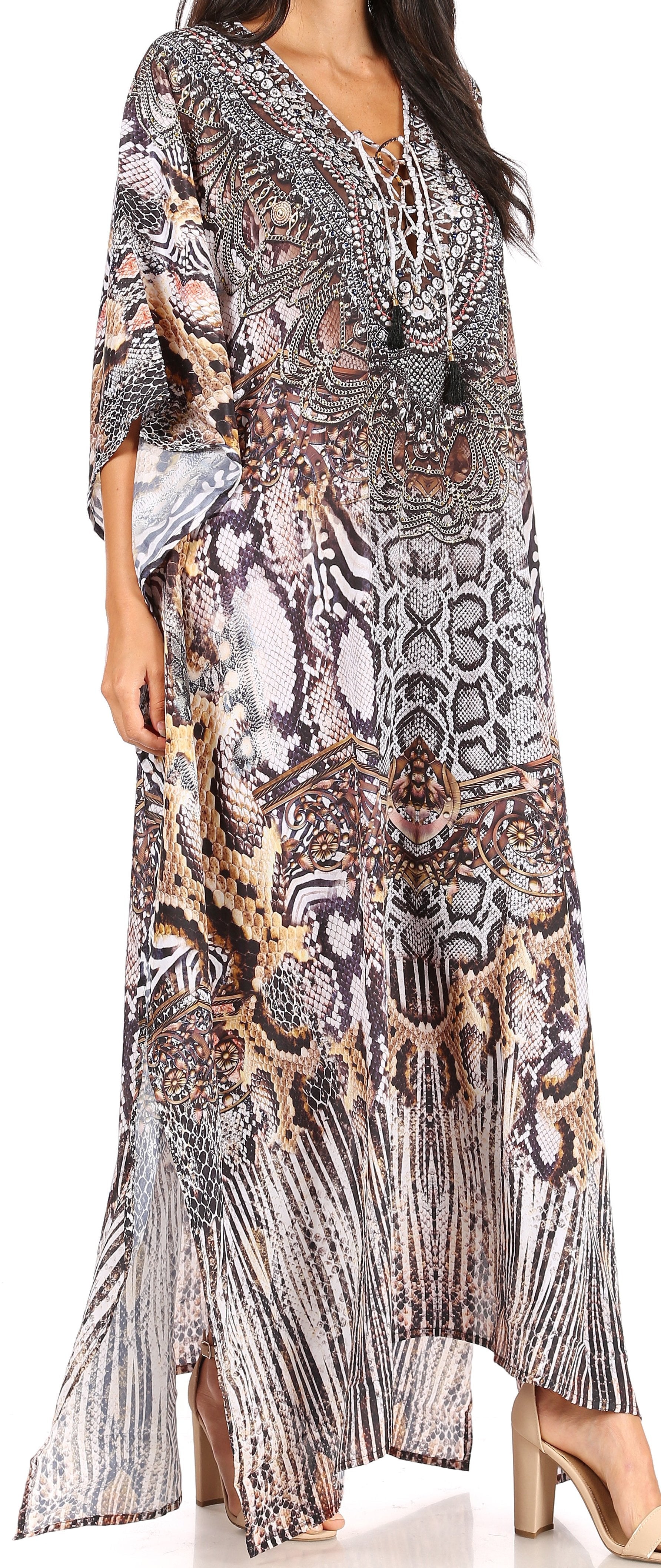 Sakkas Yeni Women's Short Sleeve V-neck Summer Floral Long Caftan Dress Cover-up - Concordia Style Boutique