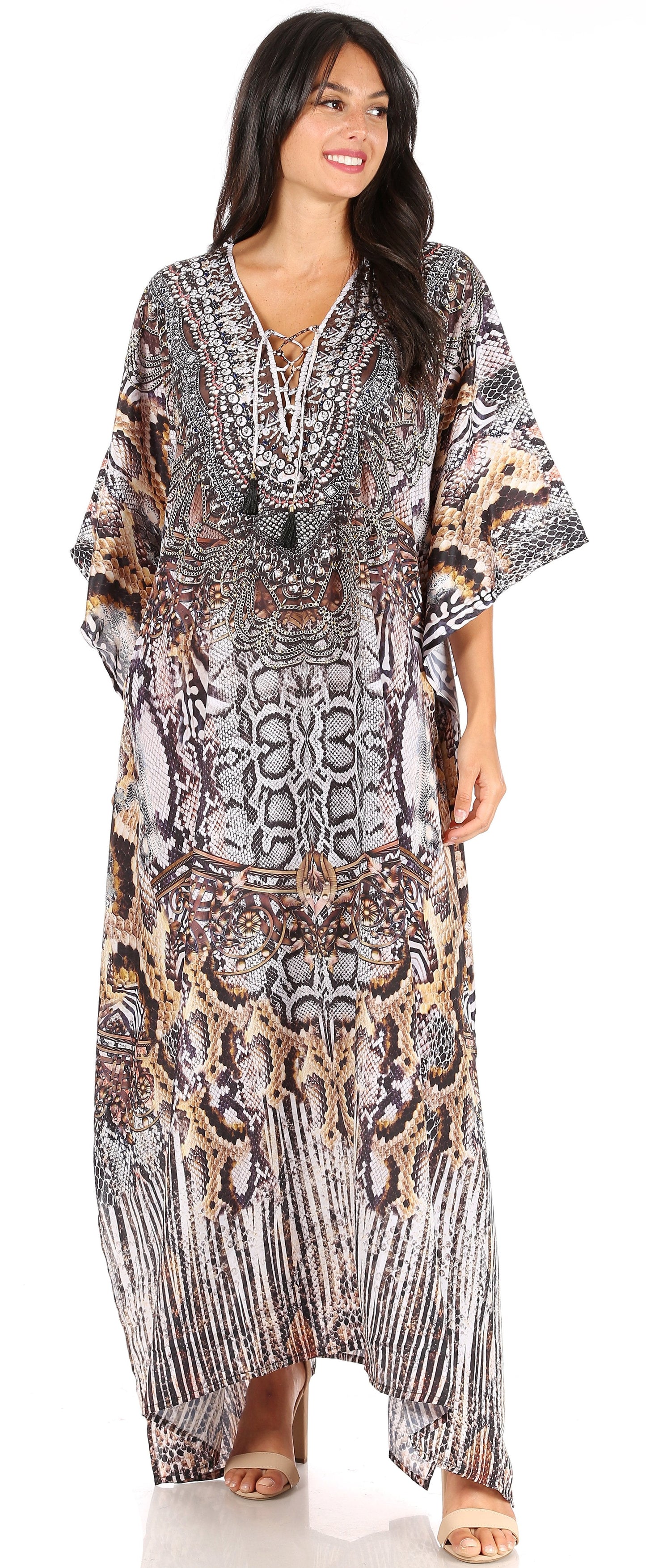 Sakkas Yeni Women's Short Sleeve V-neck Summer Floral Long Caftan Dress Cover-up - Concordia Style Boutique