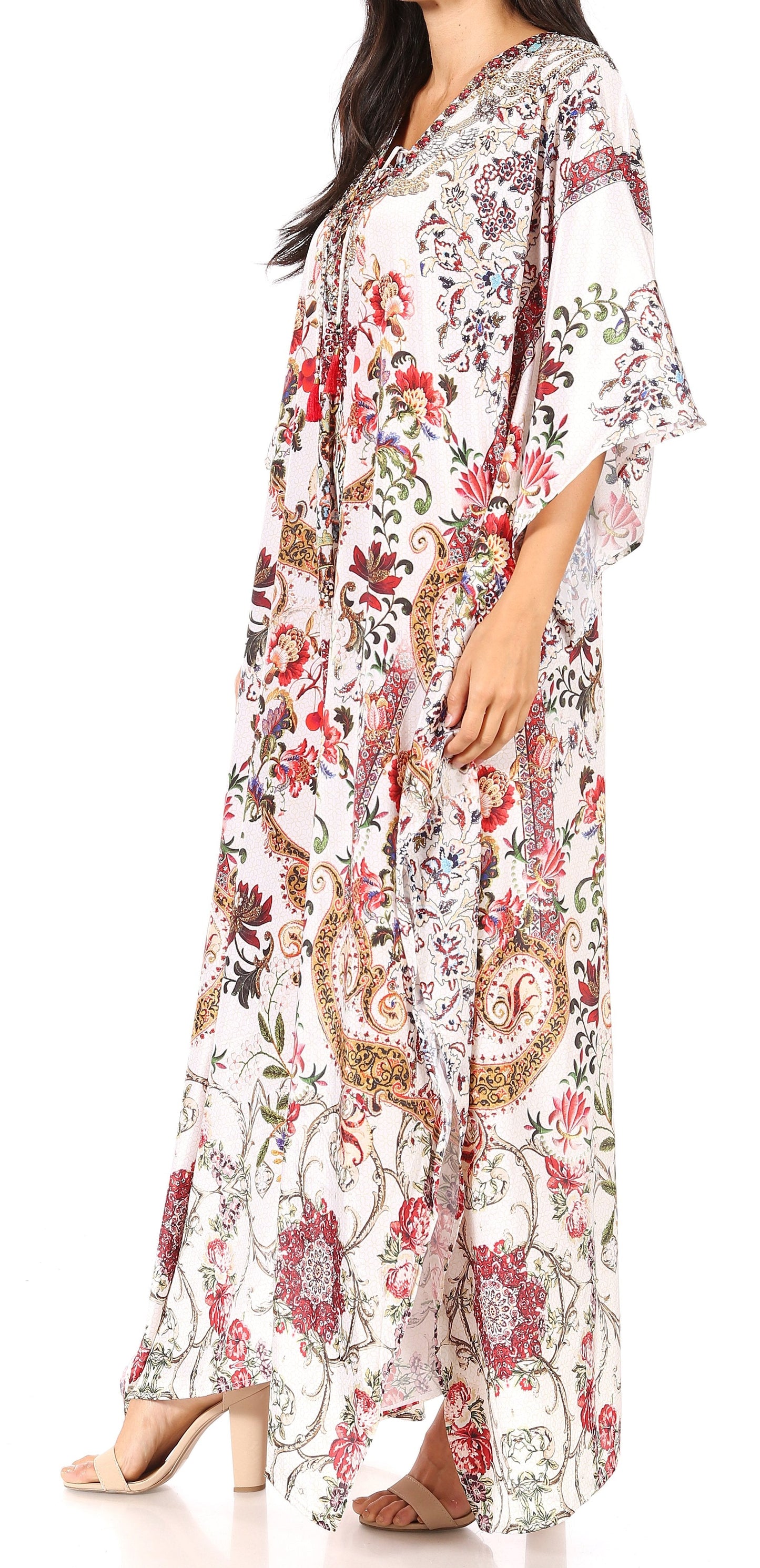 Sakkas Yeni Women's Short Sleeve V-neck Summer Floral Long Caftan Dress Cover-up - Concordia Style Boutique