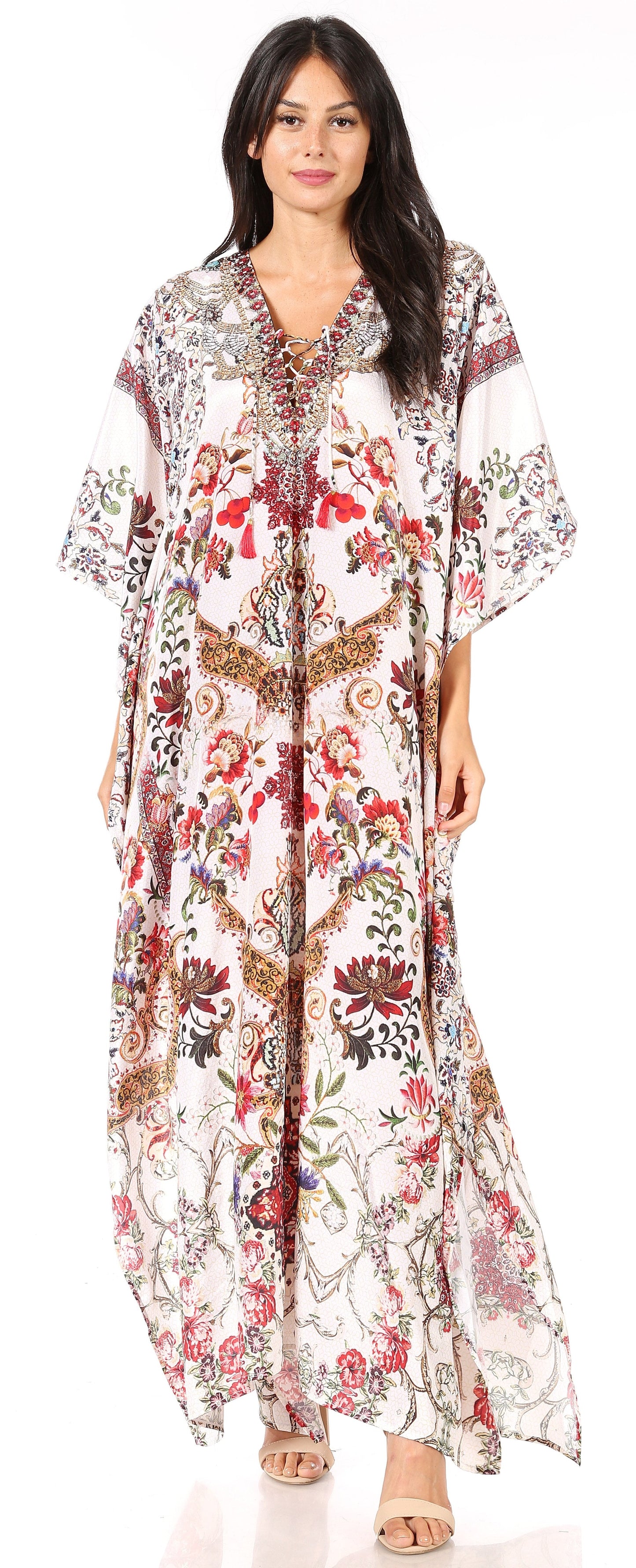 Sakkas Yeni Women's Short Sleeve V-neck Summer Floral Long Caftan Dress Cover-up - Concordia Style Boutique